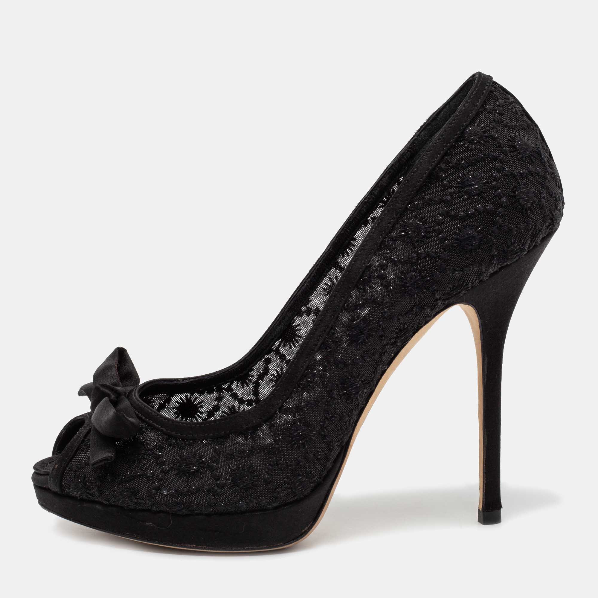 Pre Owned Dior Black Lace And Satin Peep Toe Pumps Size 38