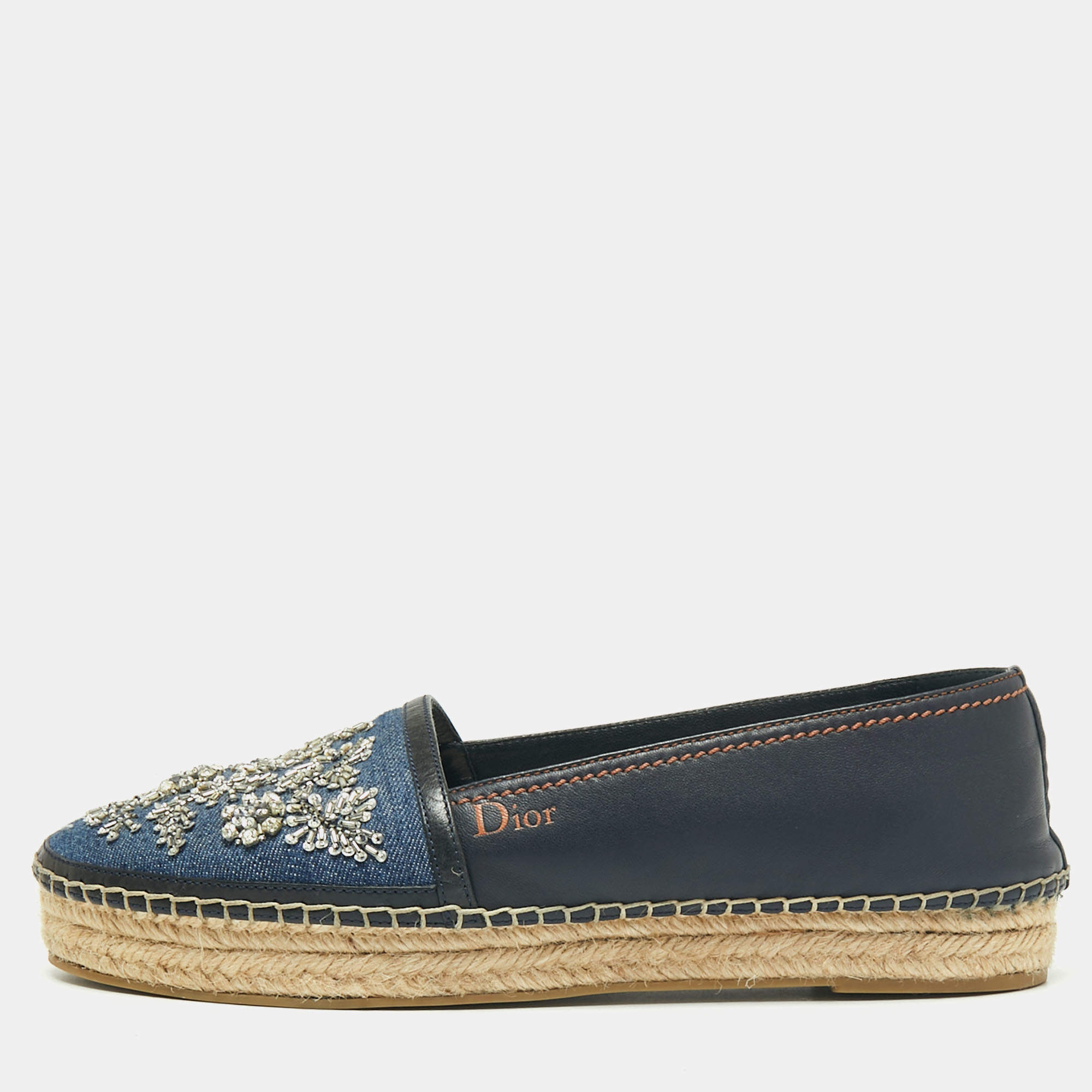 Pre Owned Dior Two-Tone Crystal Embellished Denim and Leather Flat Espadrilles Size 40