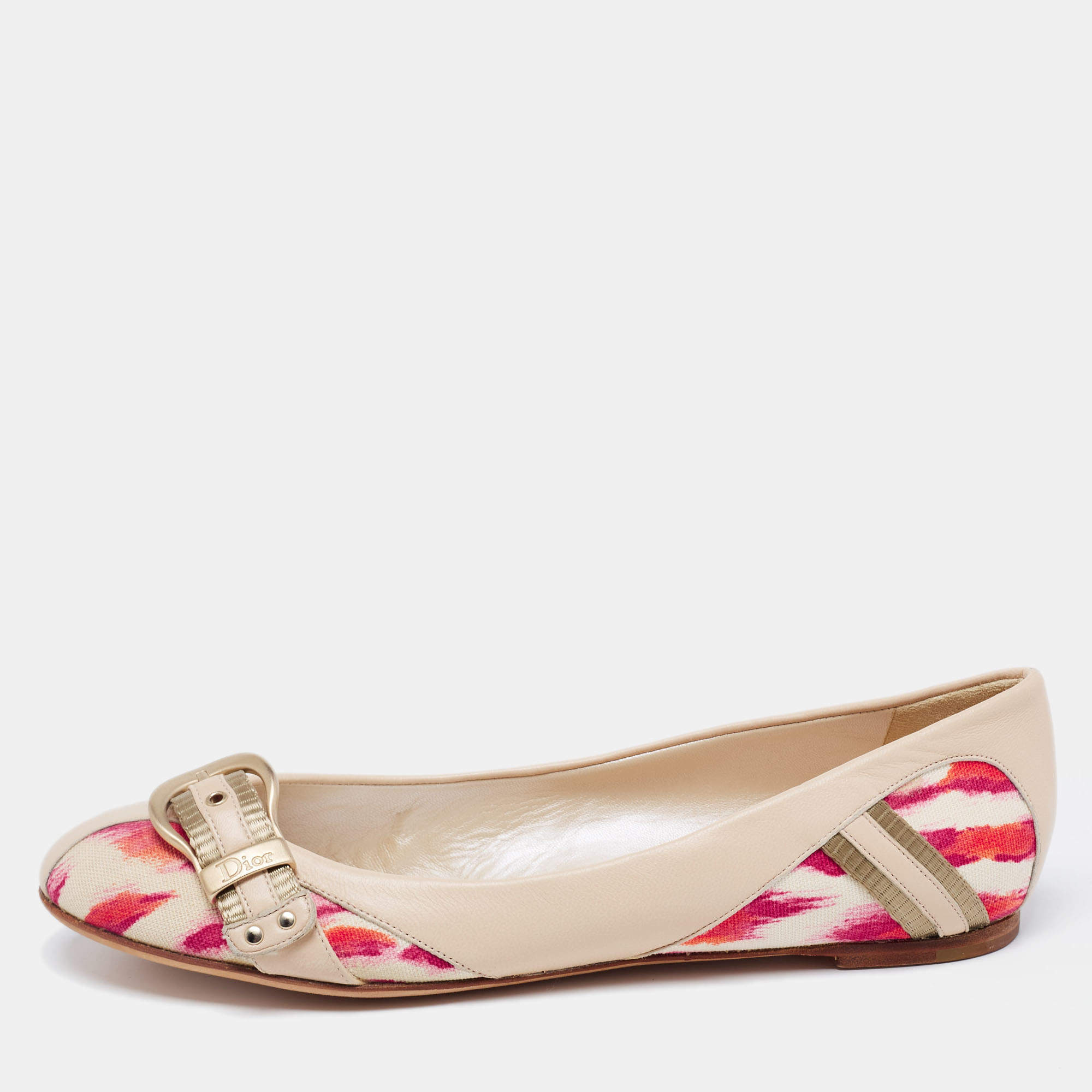 Pre Owned Dior Multicolor Leather and Canvas Buckle Detail Ballet Flats Size 40.5