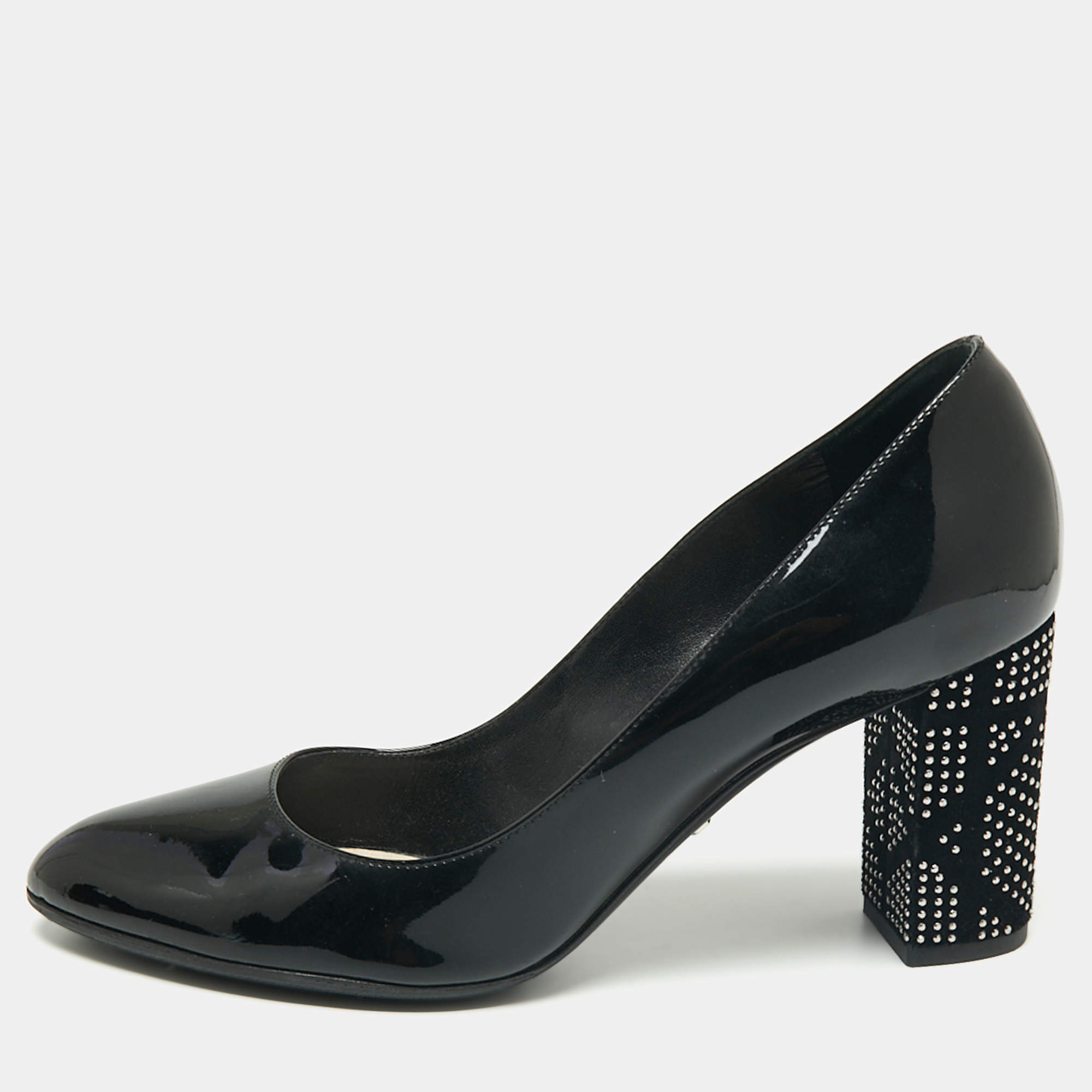 Dior Black Patent Leather Stud Embellished Block Heel Pumps Size 38