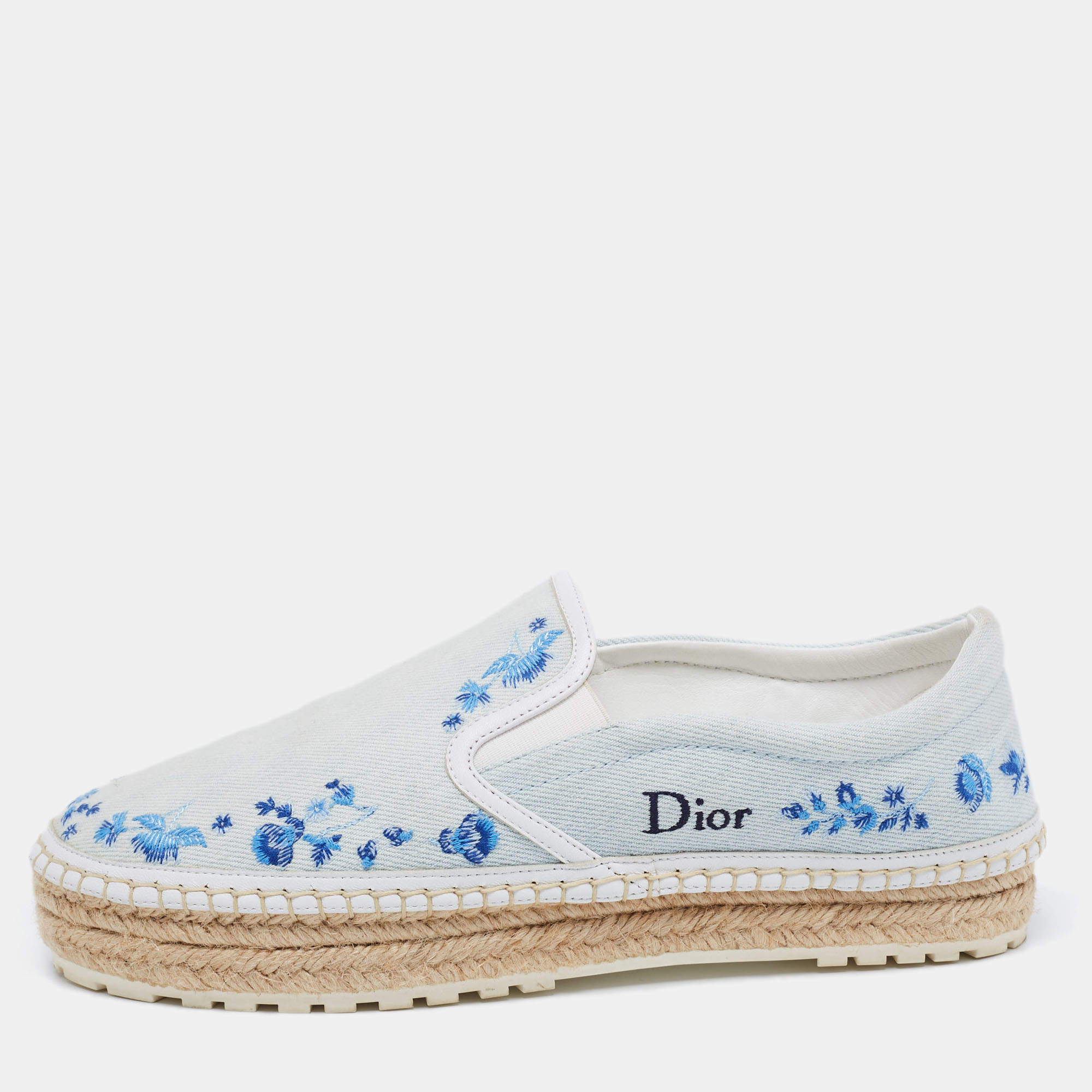 Dior Light Blue Denim Floral Embroidered Espadrille Slip On Sneakers Size 40