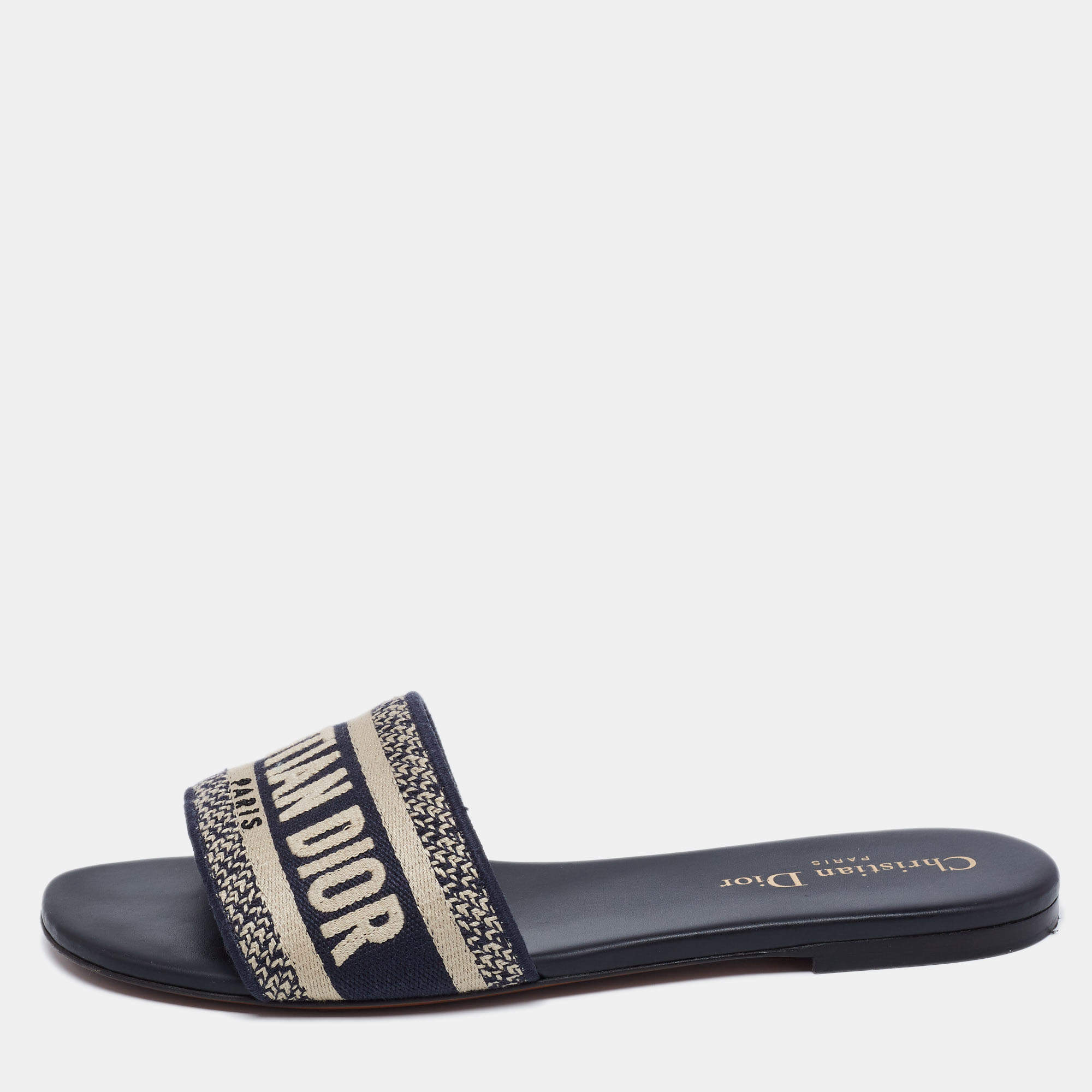 مملوكة مسبقًا Dior Navy Blue/White Canvas And Leather  Dway Flat Sandals Size 38 