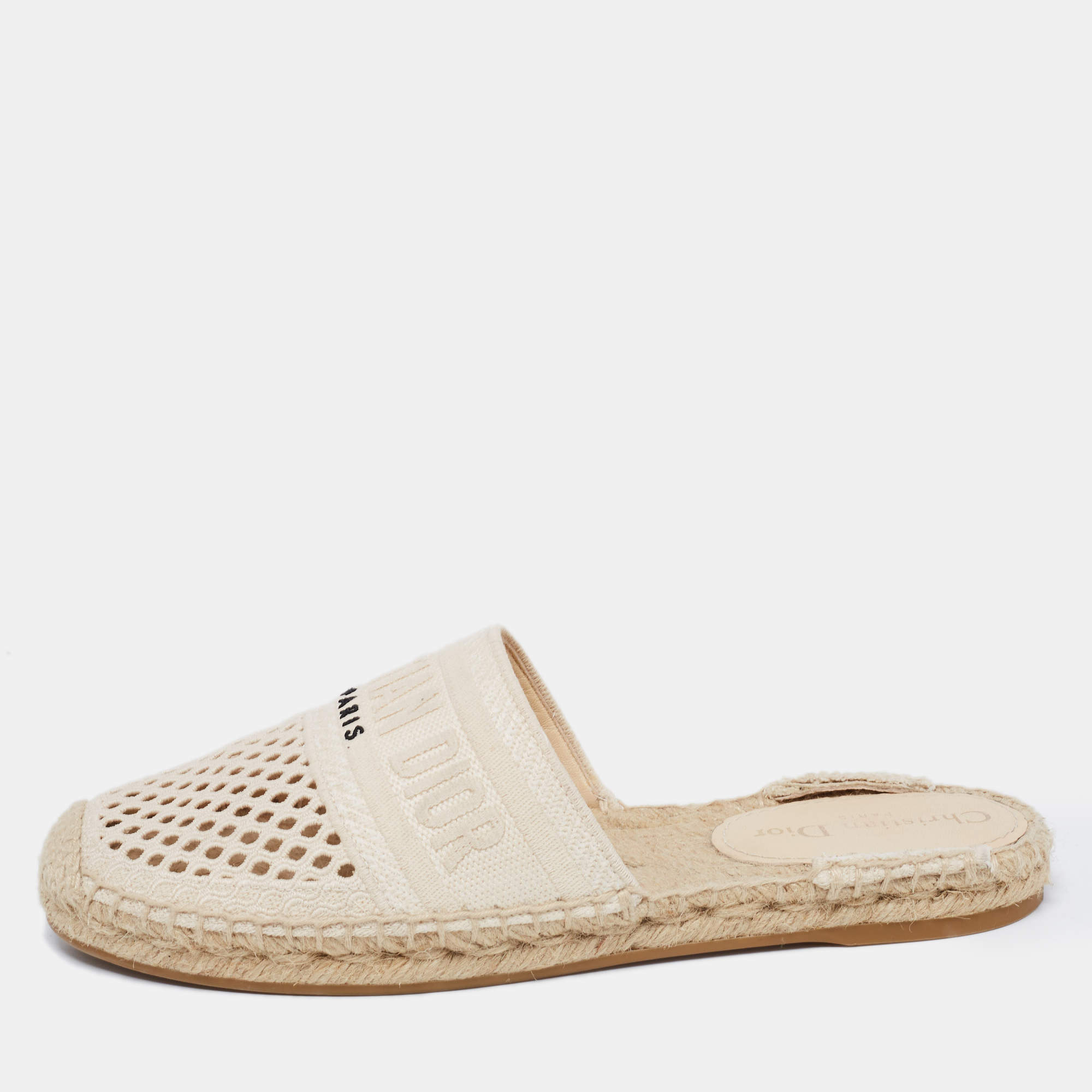 Pre Owned Dior Cream Embroidered Canvas Granville Espadrille Mules Size 38.5