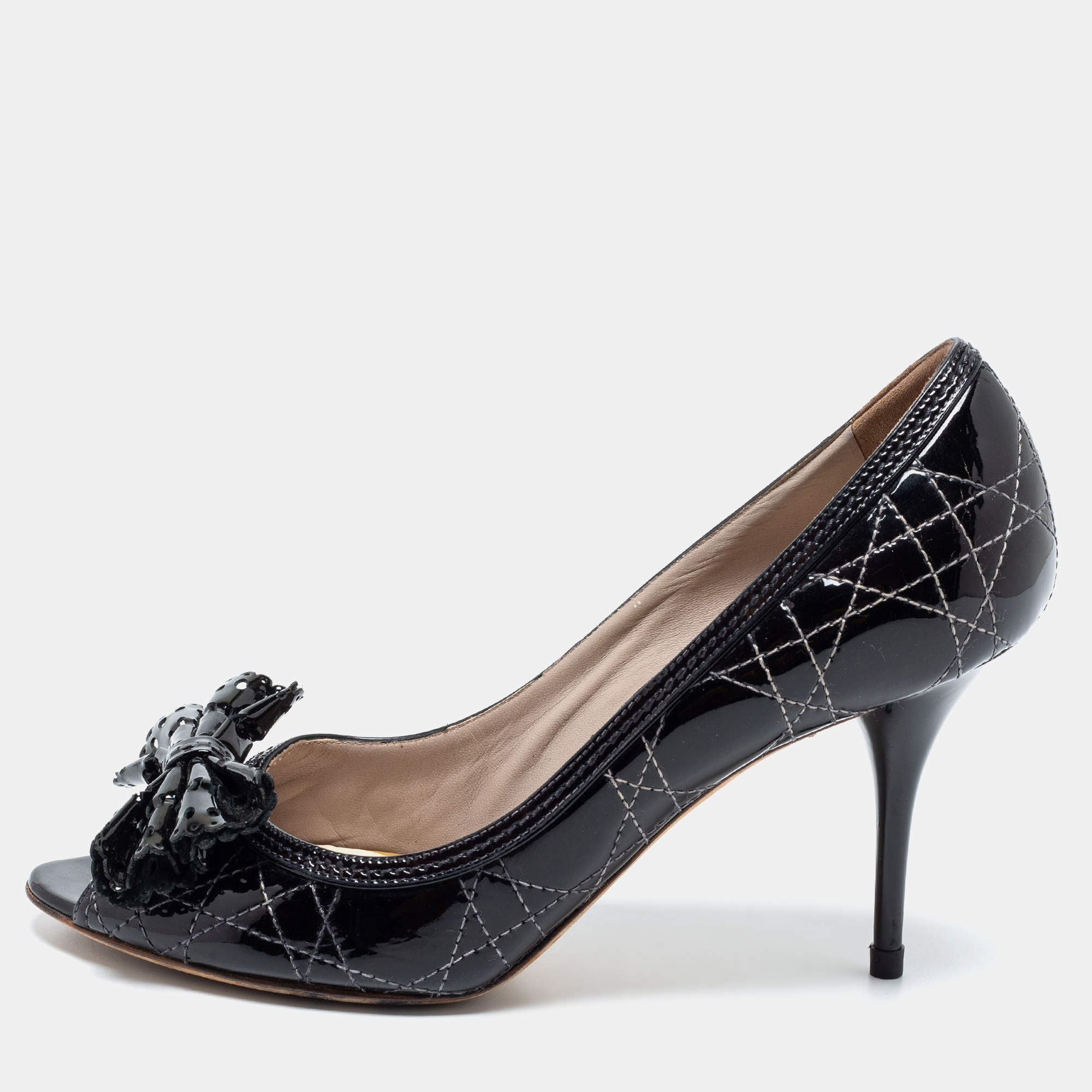 Dior Black Cannage Patent Leather Bow Peep-Toe Pumps Size 39.5