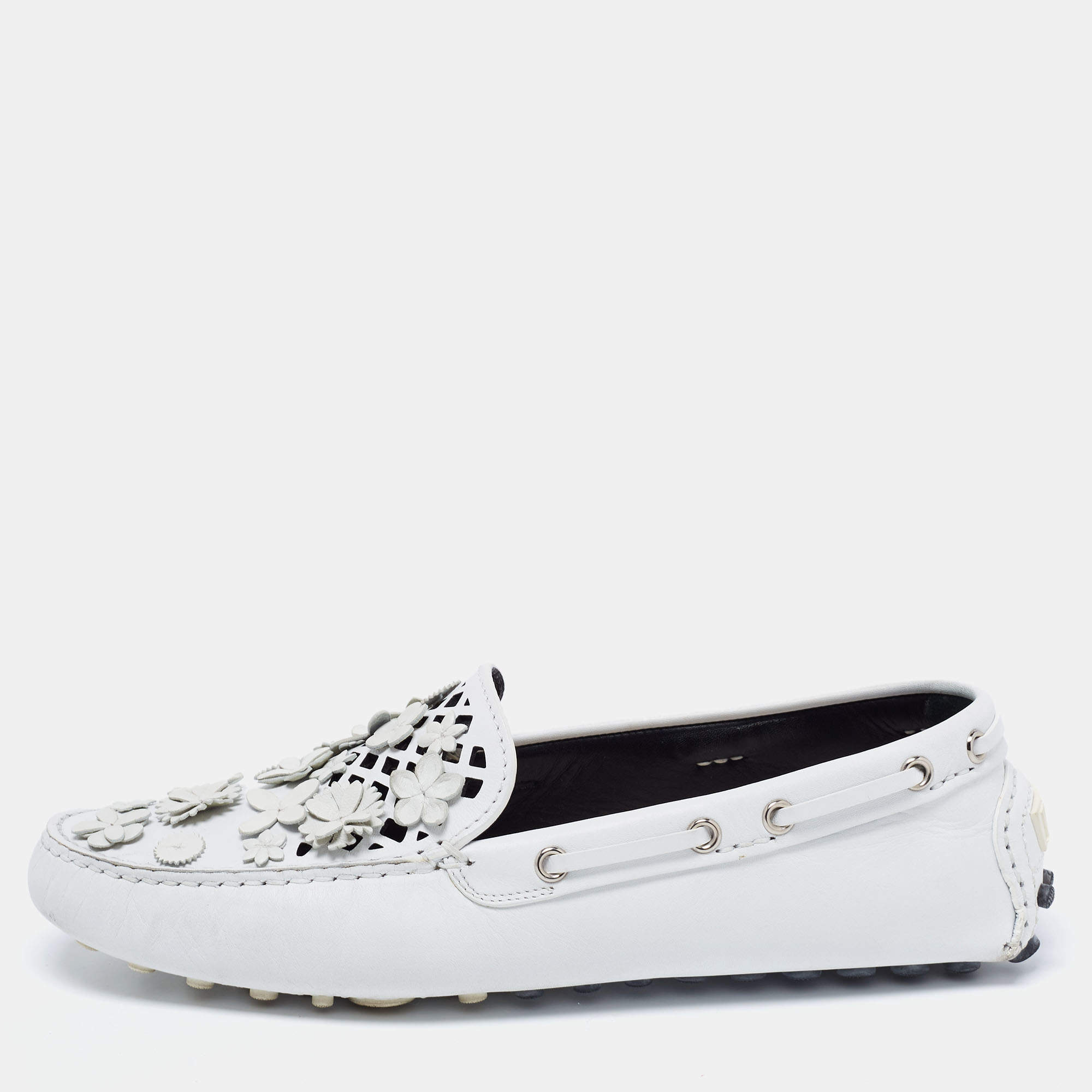 مملوكة مسبقًا حذاء لوفرز ديور بيني فلور جلد قصات ليزر أبيض مقاس 40