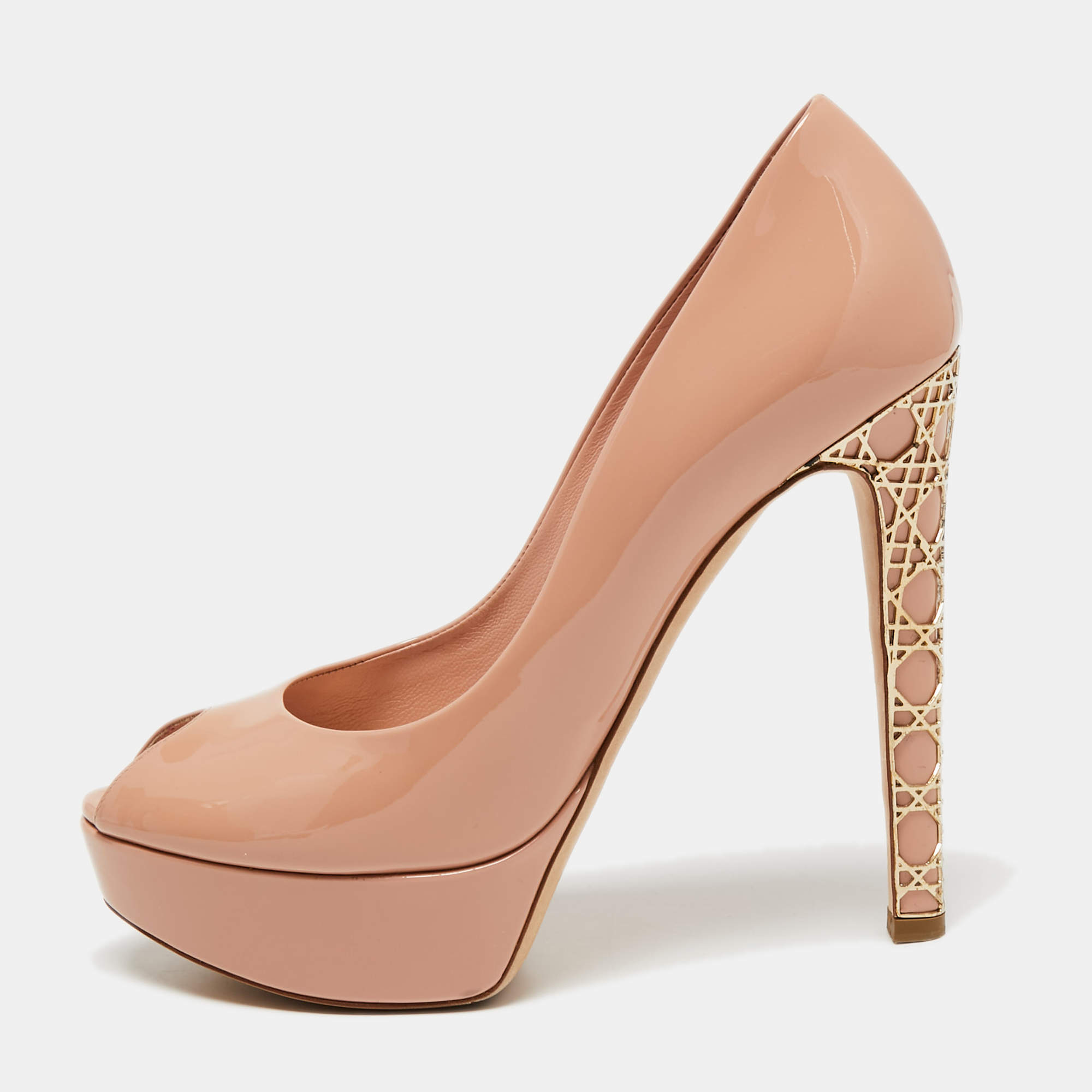 Dior Beige Patent Peep Toe Cannage Heel Pumps Size 37.5
