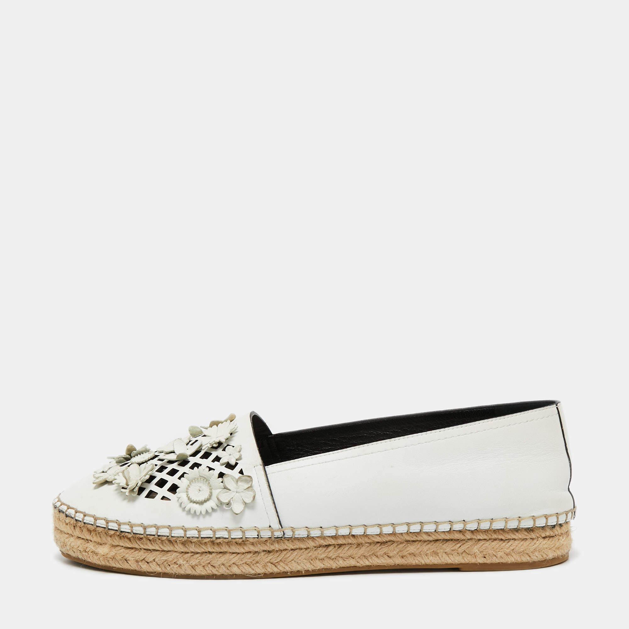 Dior White Laser Cut Leather Flower Applique Flore Flat Espadrilles Size 40