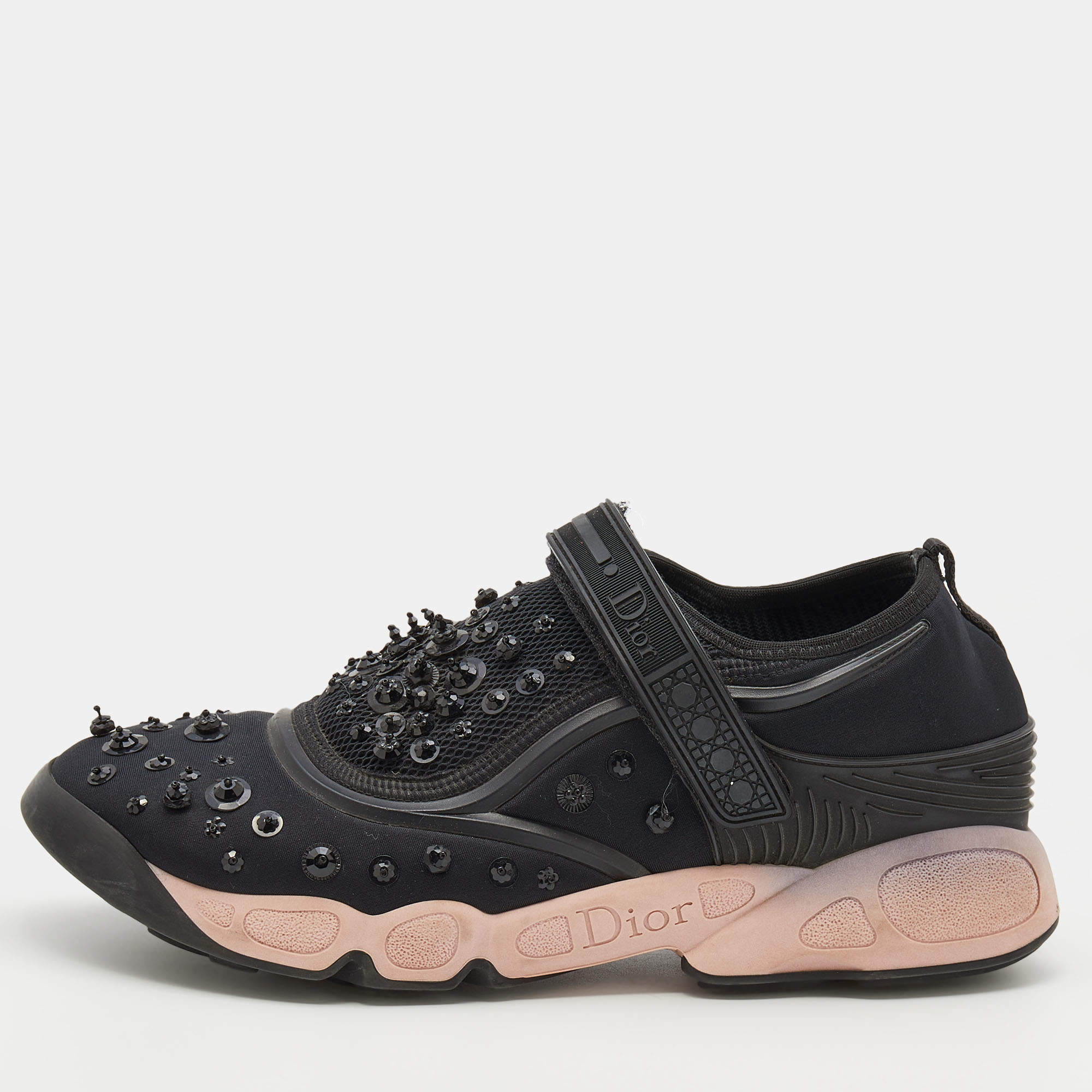 Pre Owned Dior Black Mesh And Stretch Fabric Embellished Fusion Low Top Sneakers Size 40