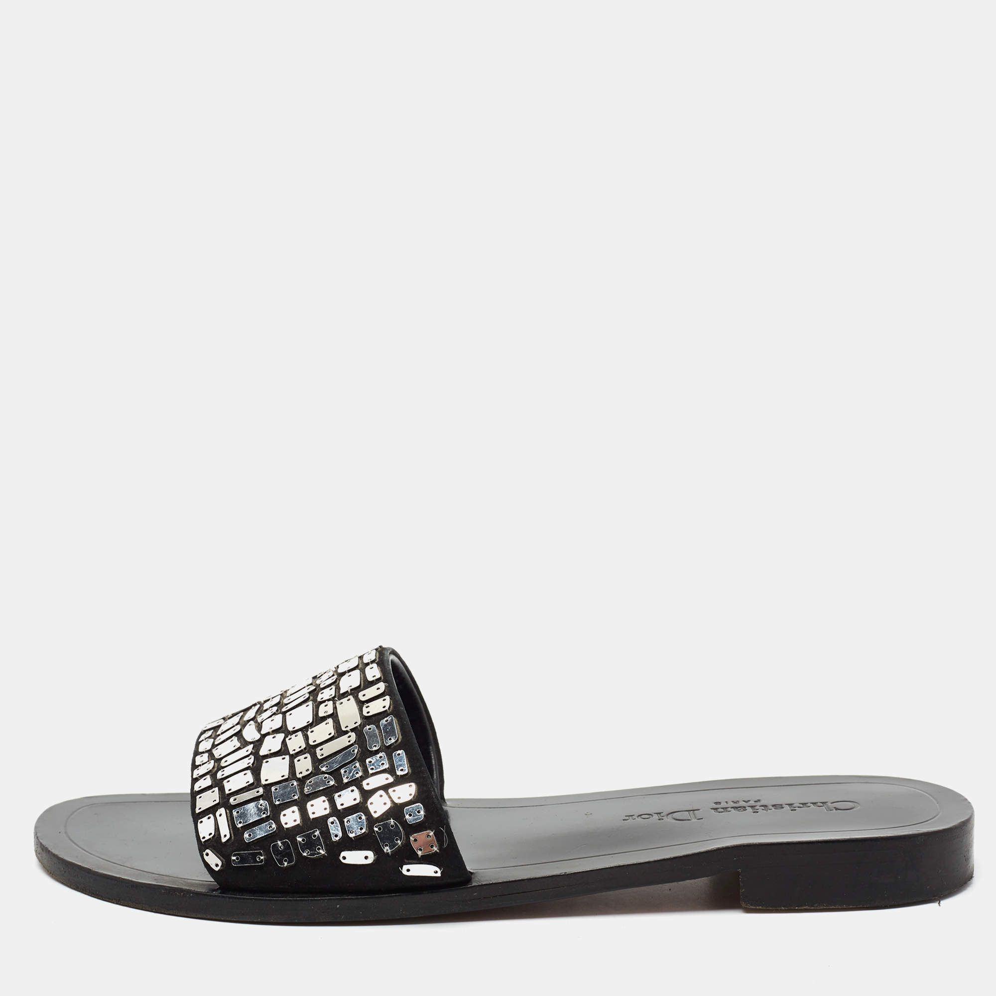Pre Owned Dior Black Suede Embellished Flat Sandals Size 39