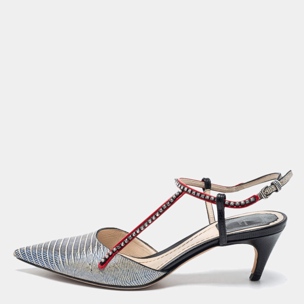 Pre Owned Dior Tri-Color Lizard Embossed Leather Strass T-Strap Pointed Toe Pumps Size 37
