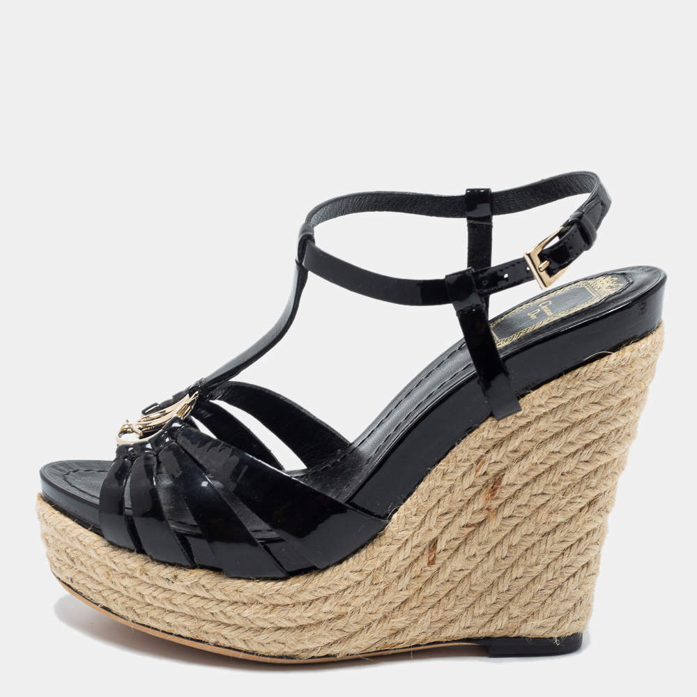 Pre Owned Dior Black Patent Leather T-Strap Espadrille Wedge Sandals Size 36