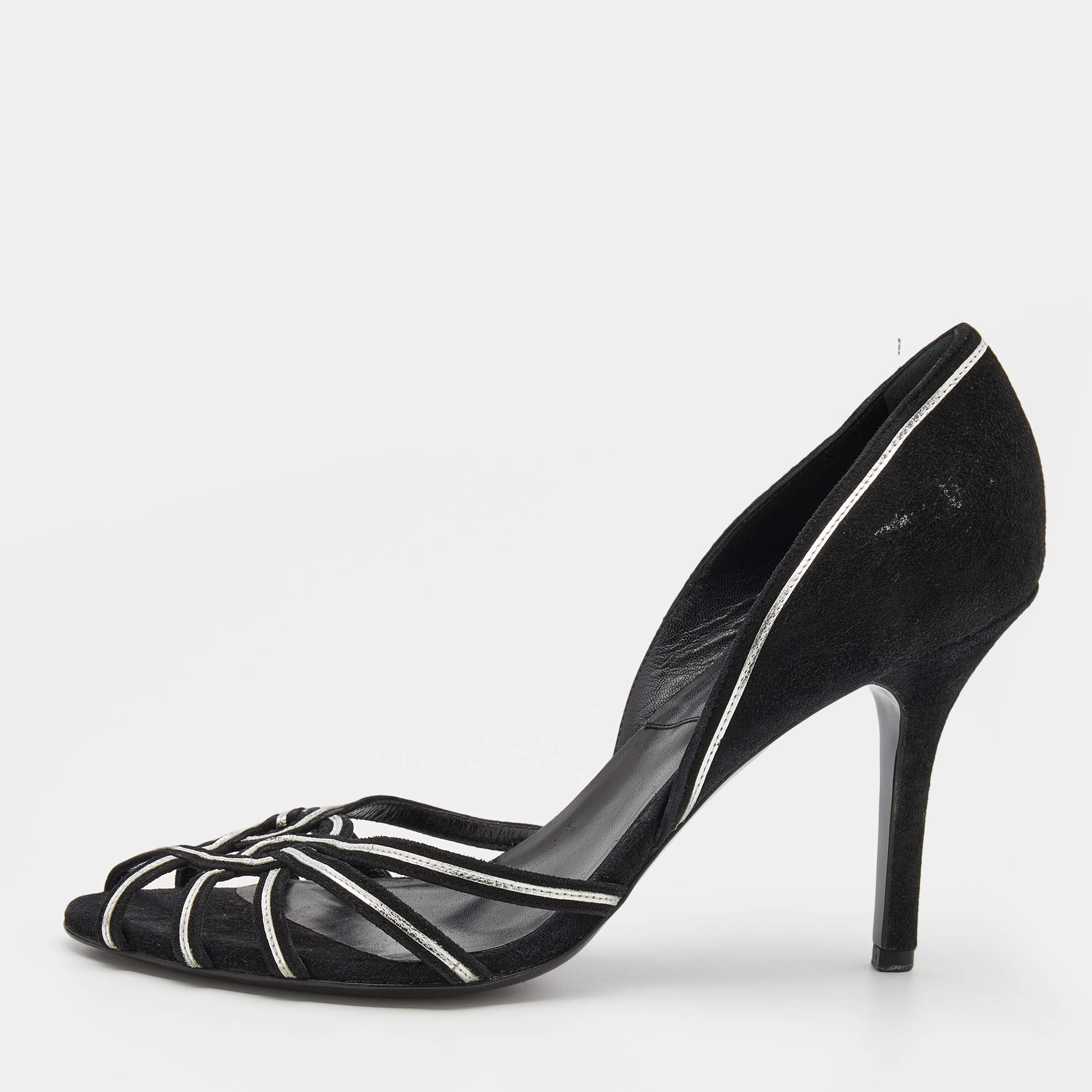 Pre Owned Dior Black/Silver Suede Peep Toe Strappy Sandals Size 40