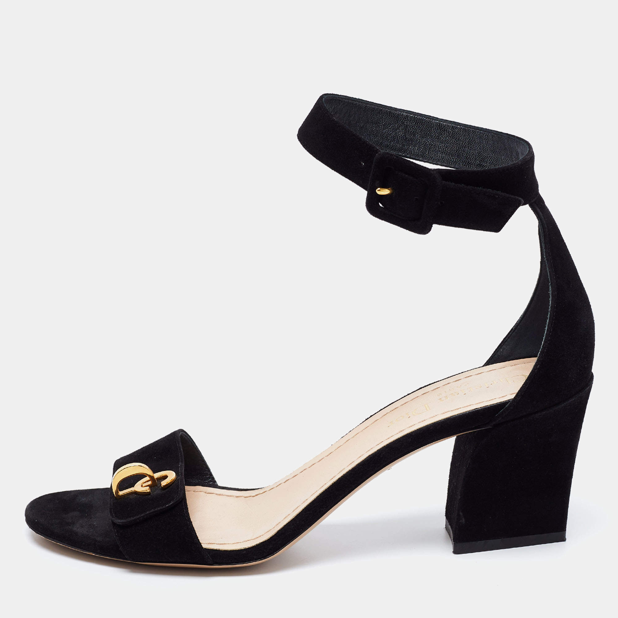 Pre Owned Dior Black Suede C'est Block Heel Ankle Strap Sandals Size 39