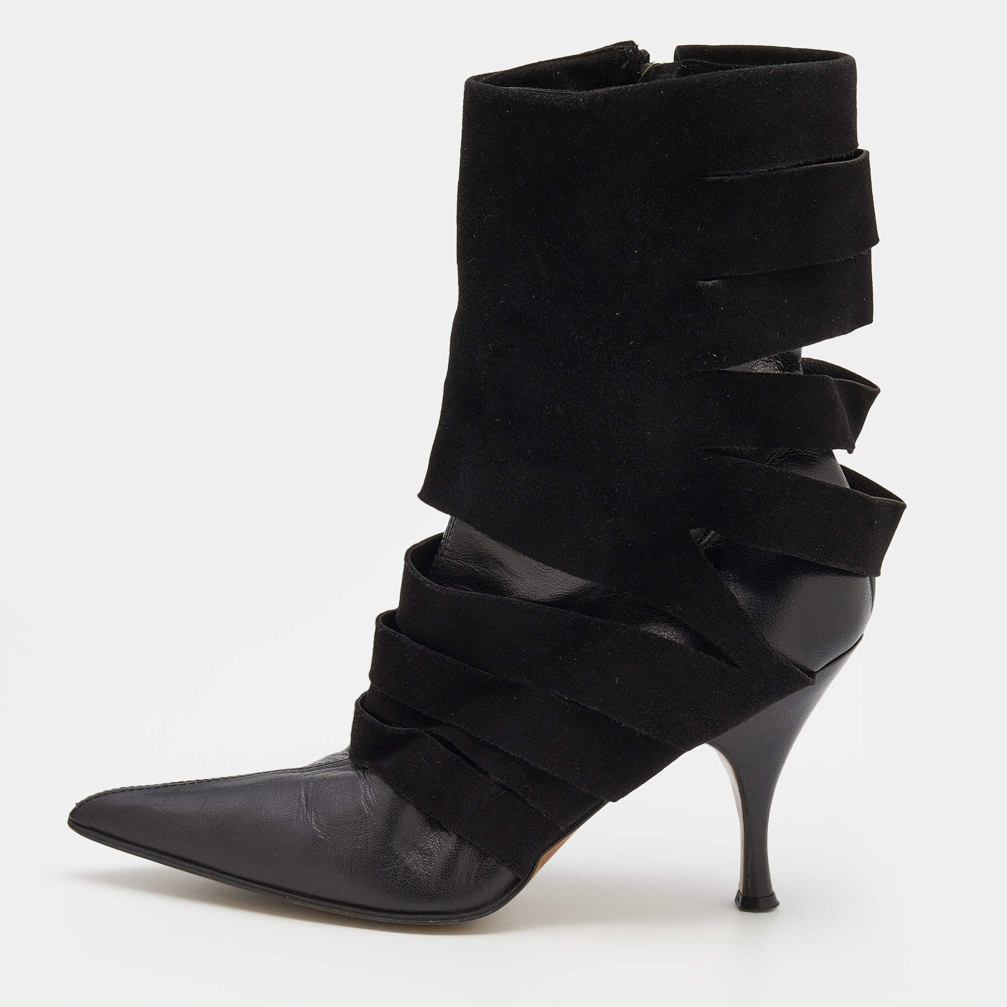 Pre Owned Dior Black Suede and Leather Pointed Toe Ankle Length Boots Size 38.5