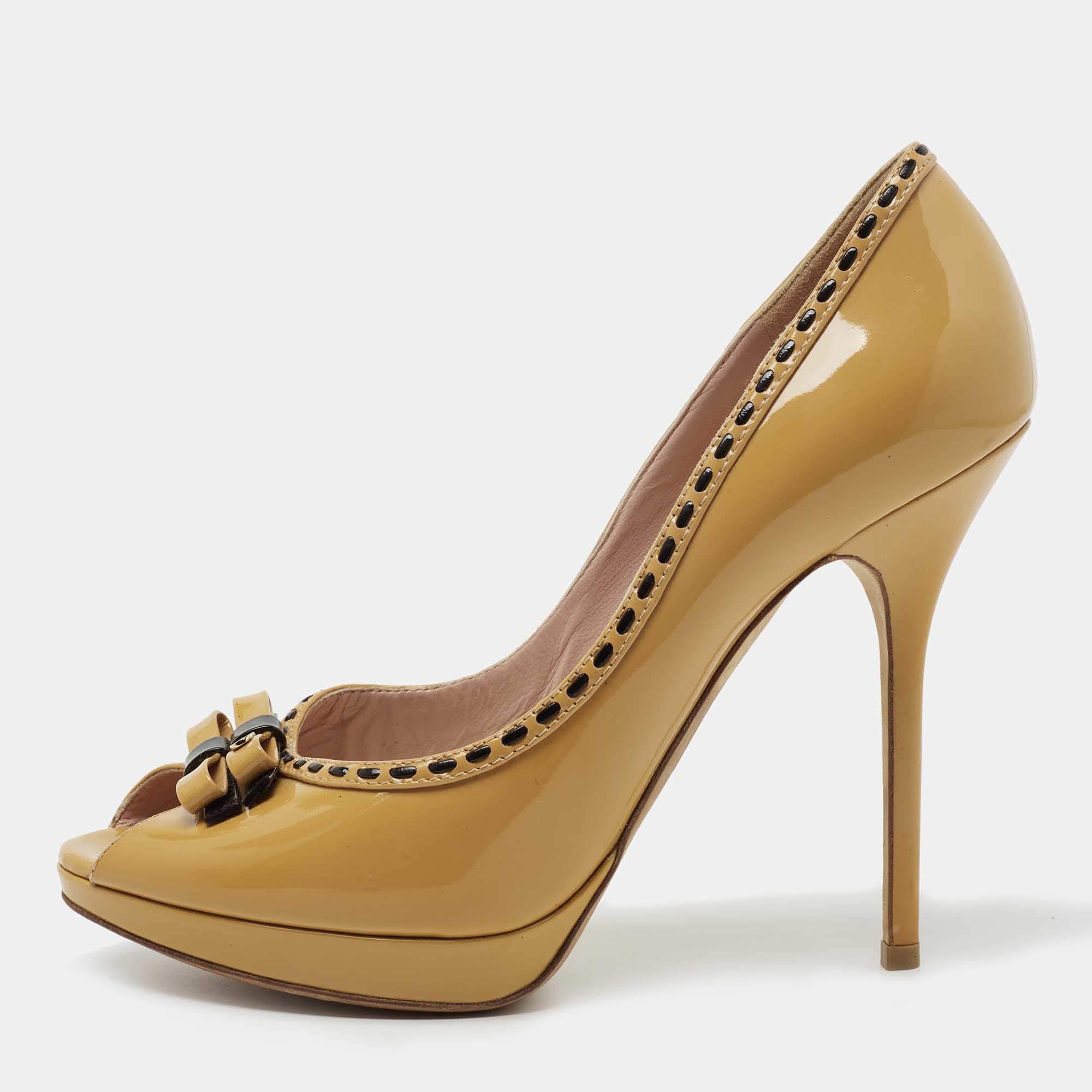 Christian Dior Brown Patent Leather Bow Peep Toe Pumps Size 38.5