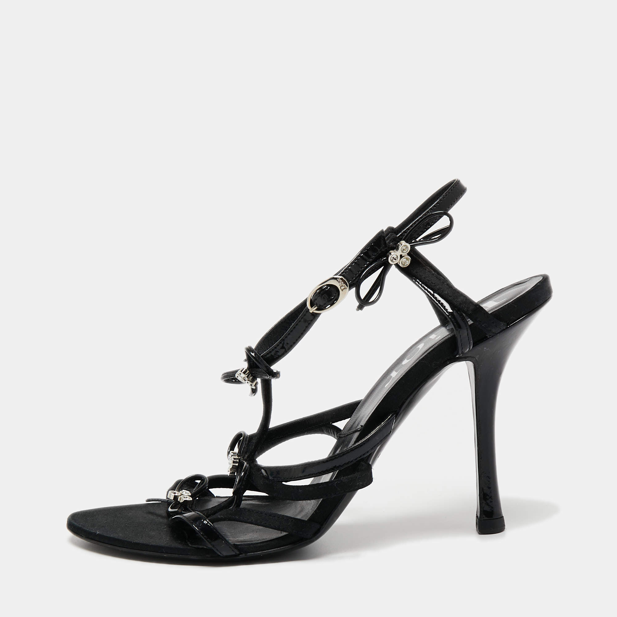 Pre Owned Dior Black Satin Open Toe  Strappy Bow Ankle Strap Sandals Size 37