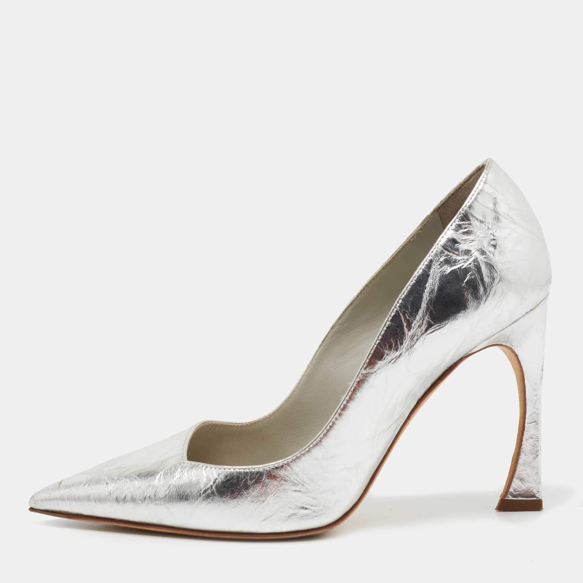 Pre Owned Dior Silver Crackled Leather Pointed Toe  Pumps Size 35.5