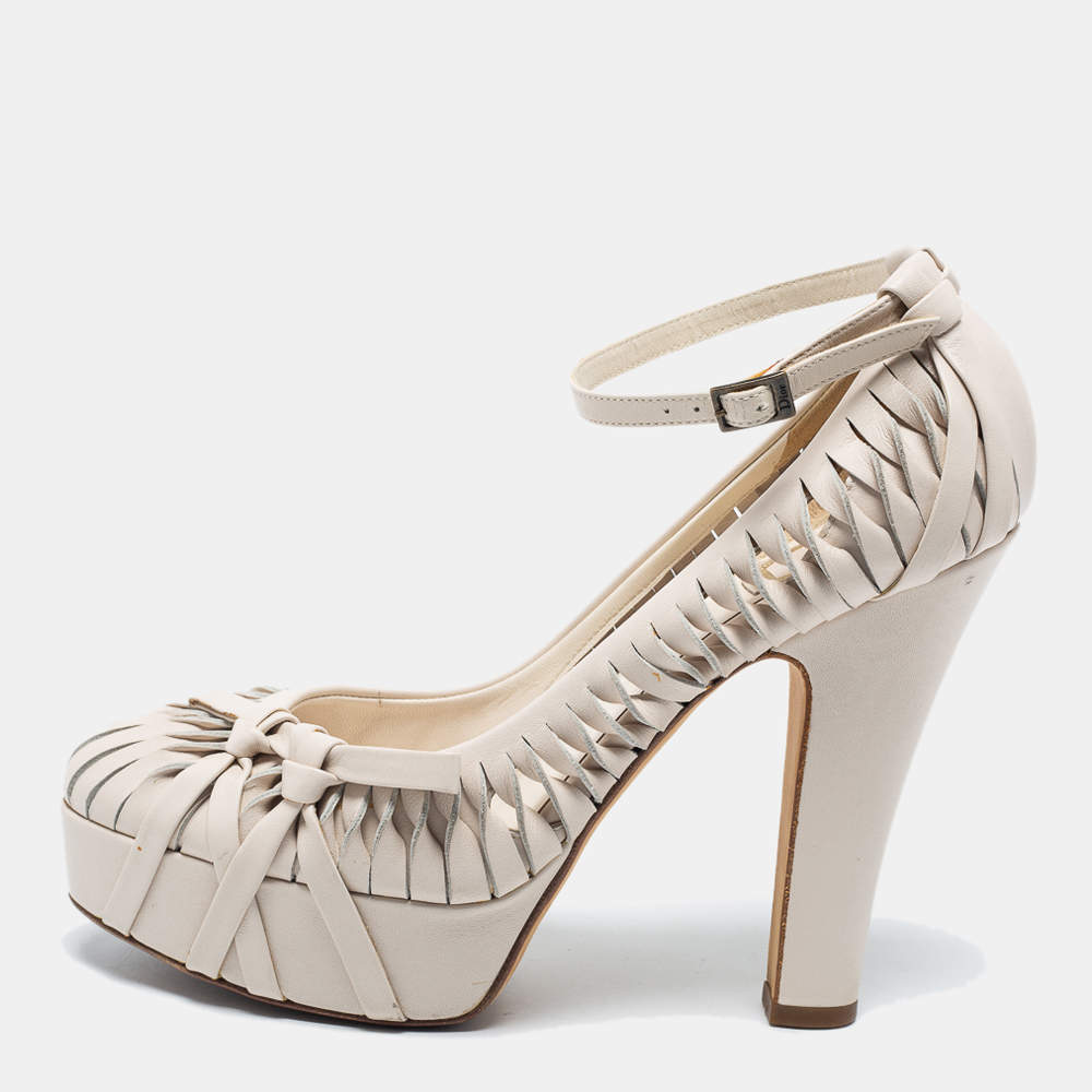 Pre Owned Dior Off White Leather Cutout Platform Ankle Strap Pumps Size 37