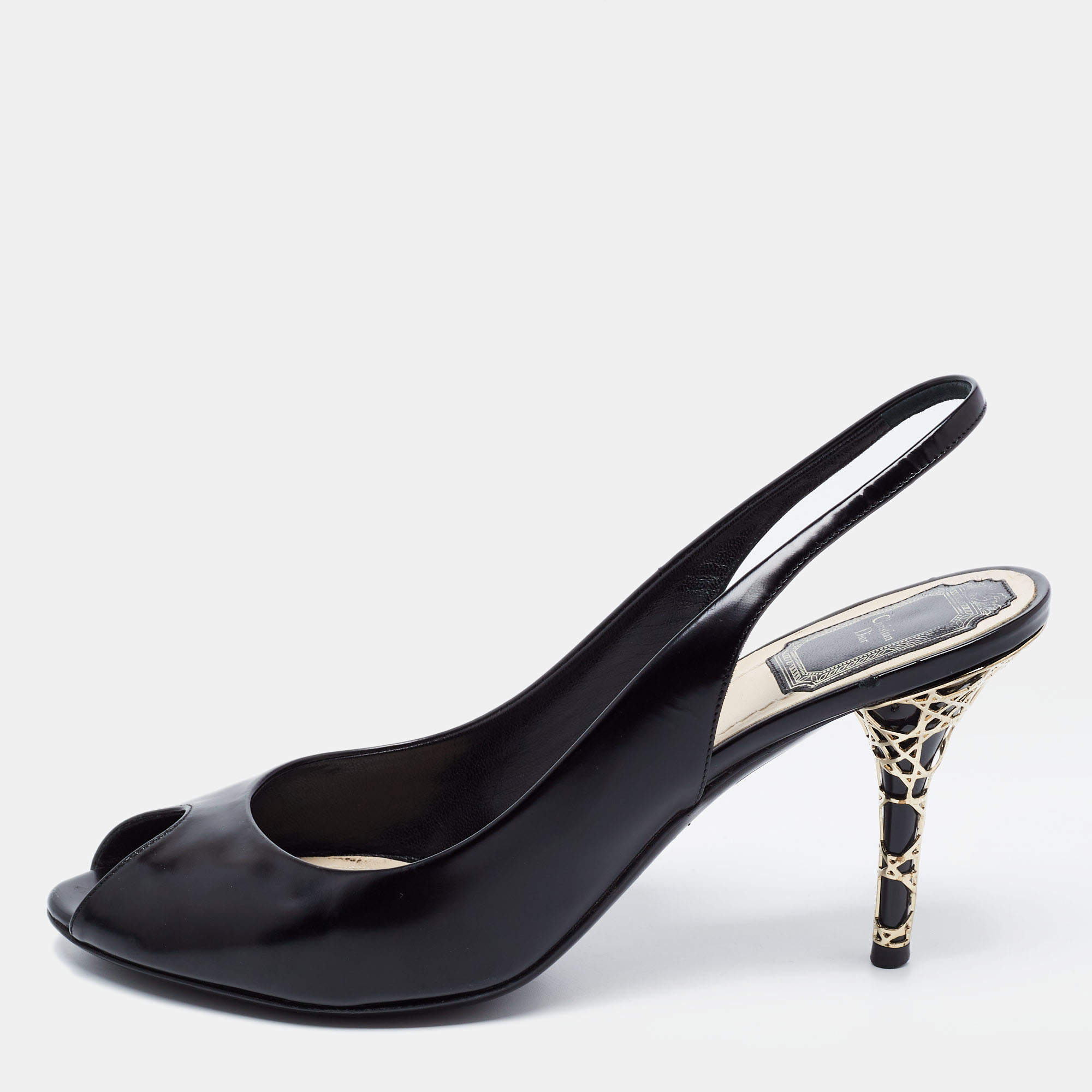 Dior Black Leather Peep Toe Cannage Heel Slingback Pumps Size 38