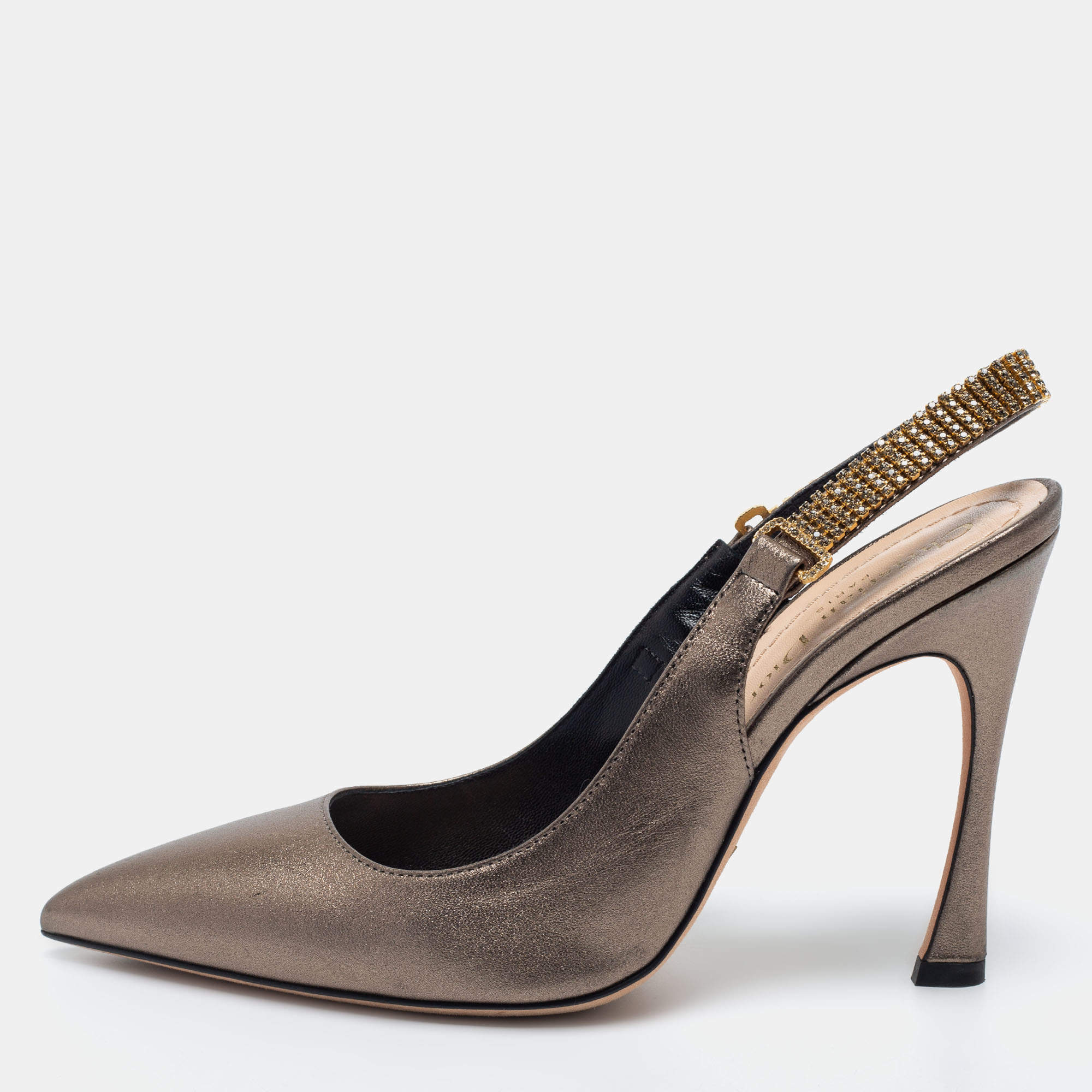 Pre Owned Dior Metallic Bronze Leather Crystal Embellished Slingback Pumps Size 37
