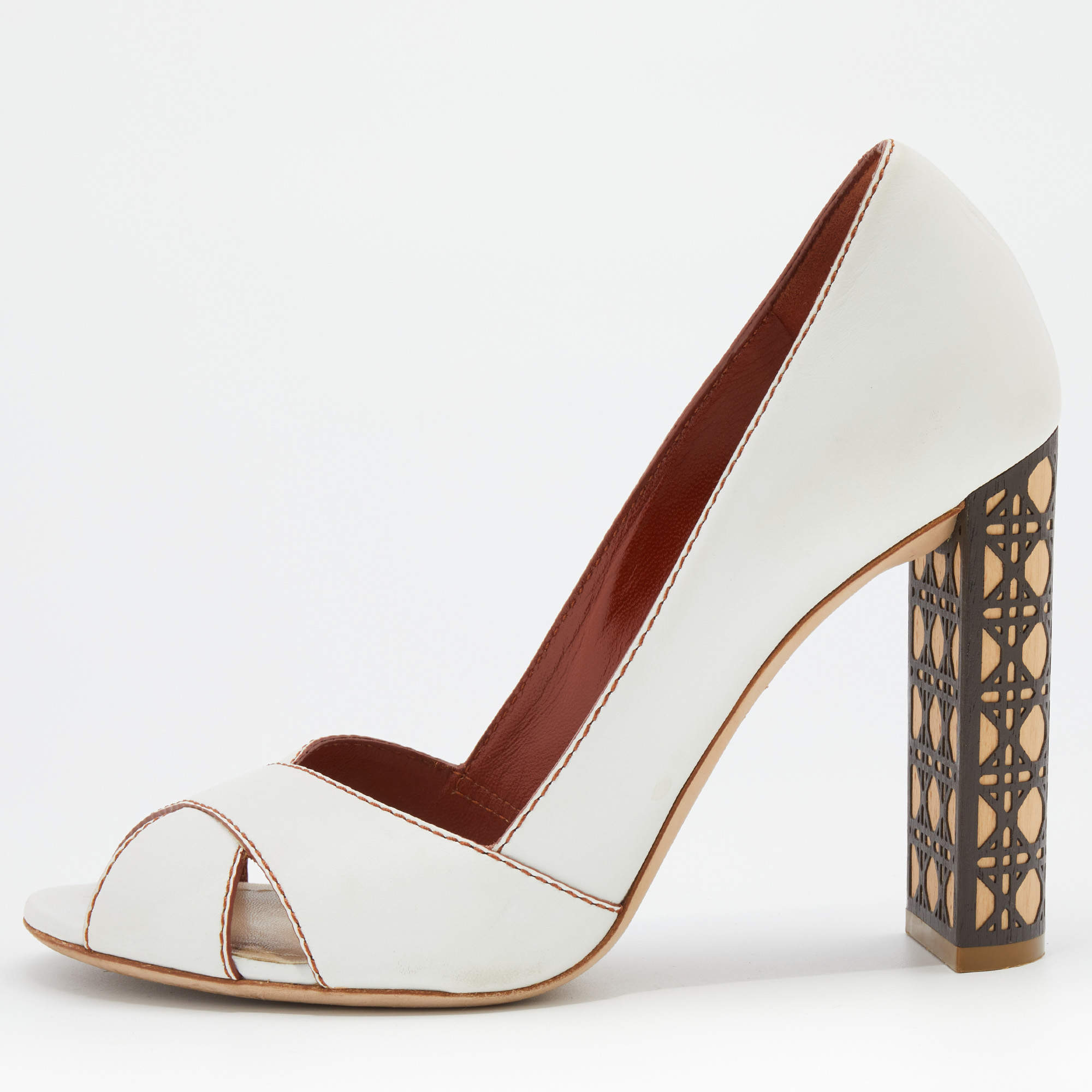 Dior White Leather Criss Cross Cannage Woodden Heel Open Toe Pumps Size 39