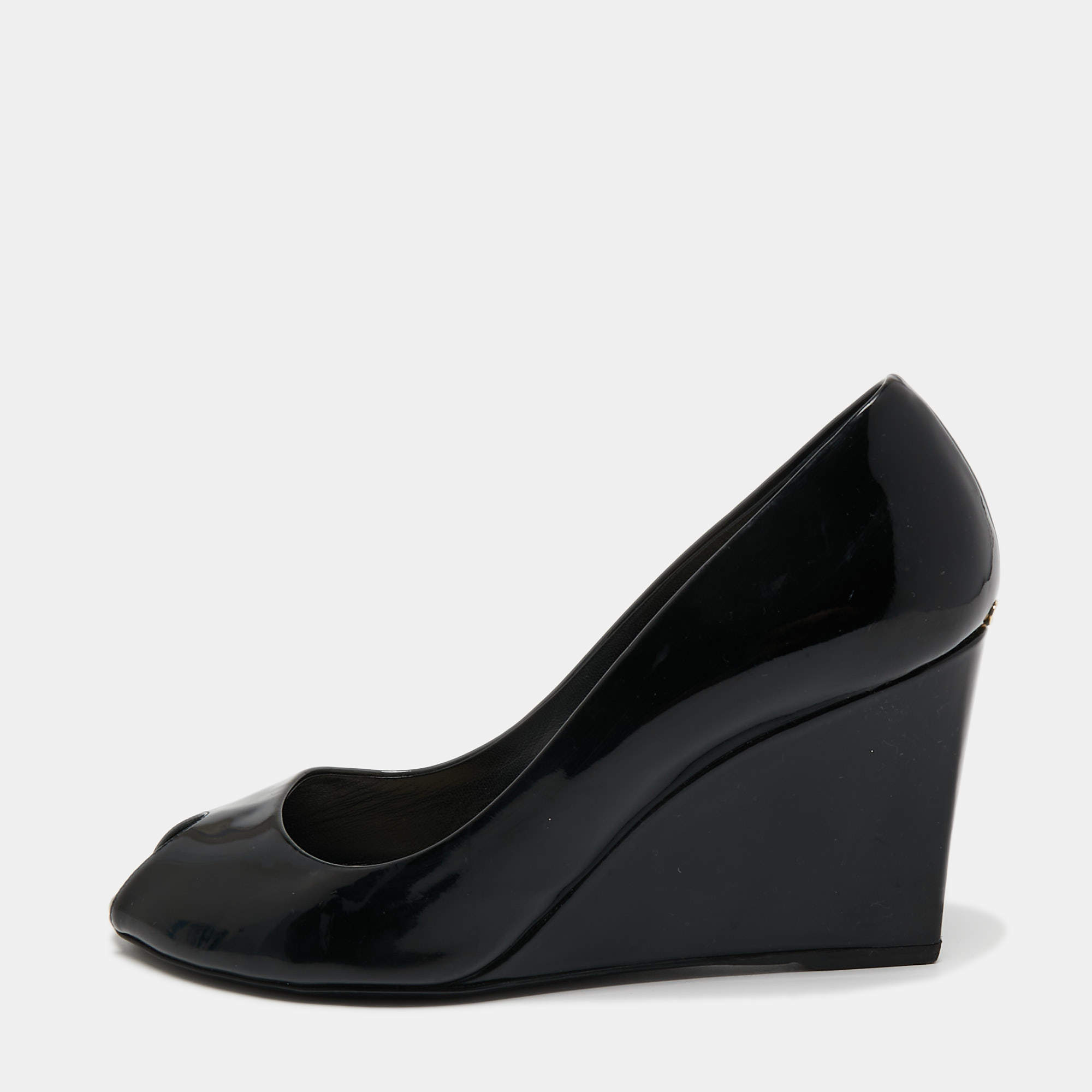 Christian Dior Black Patent Peep Toe Wedge Pumps  Size 39