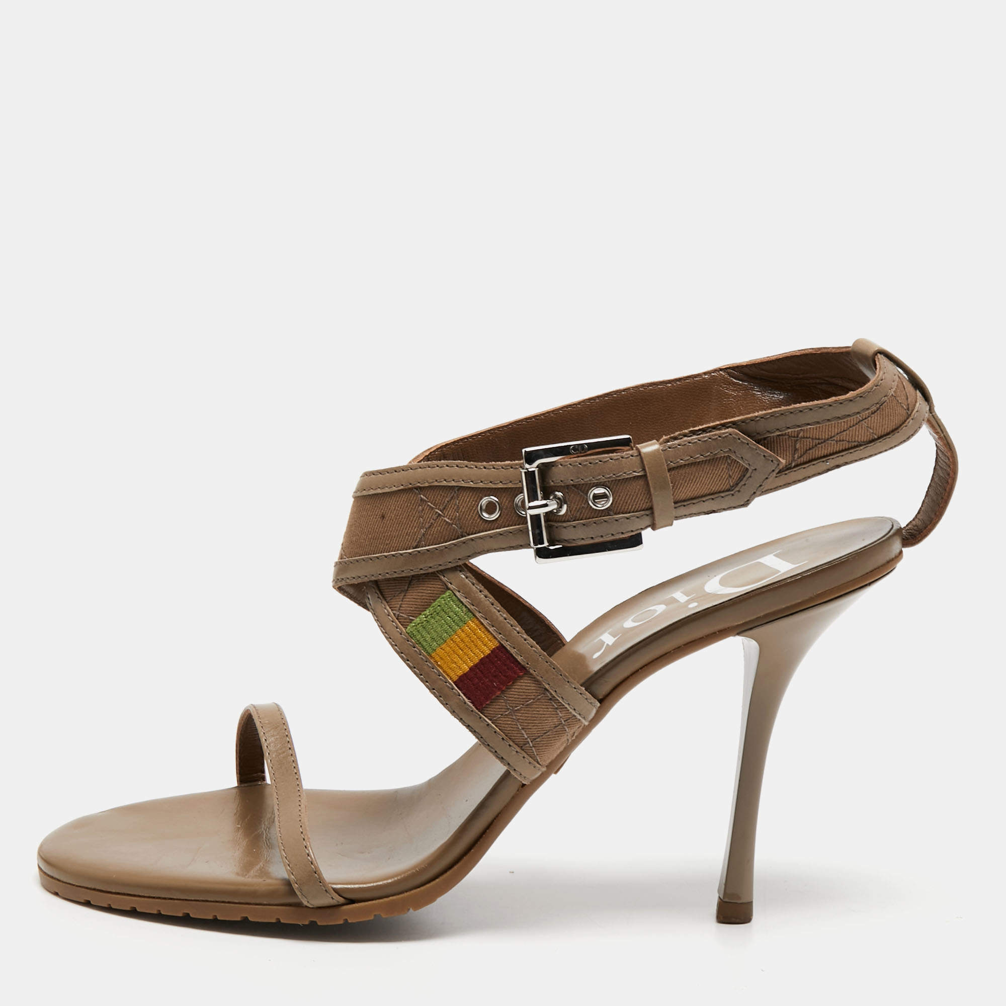مملوكة مسبقًا Dior Light Brown Leather and Canvas Ankle Strap Sandals Size 39
