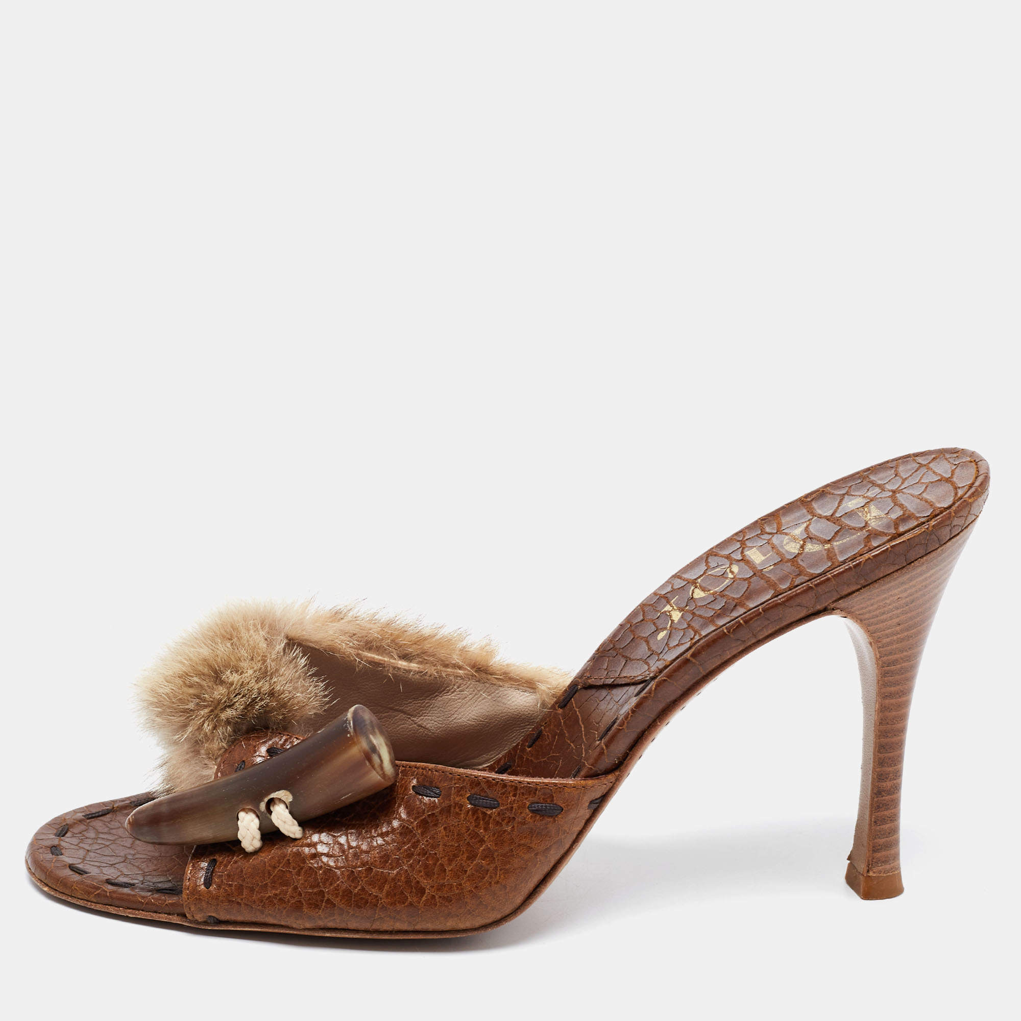 Pre Owned Dior Brown Leather and Fur Slide Sandals Size 38.5