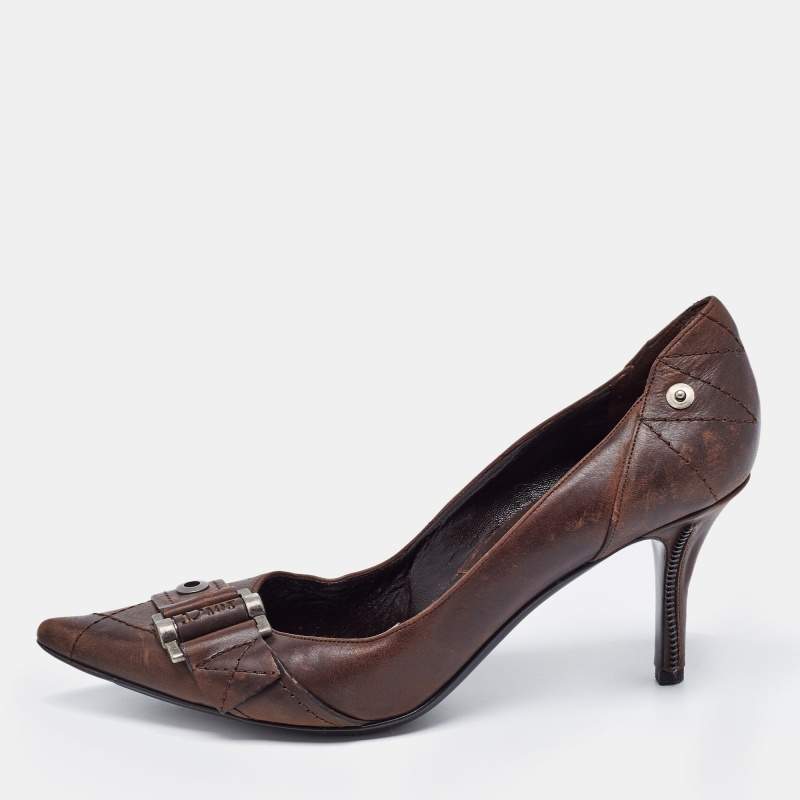 Pre Owned Dior Dark Brown Leather Buckle Pumps Size 39