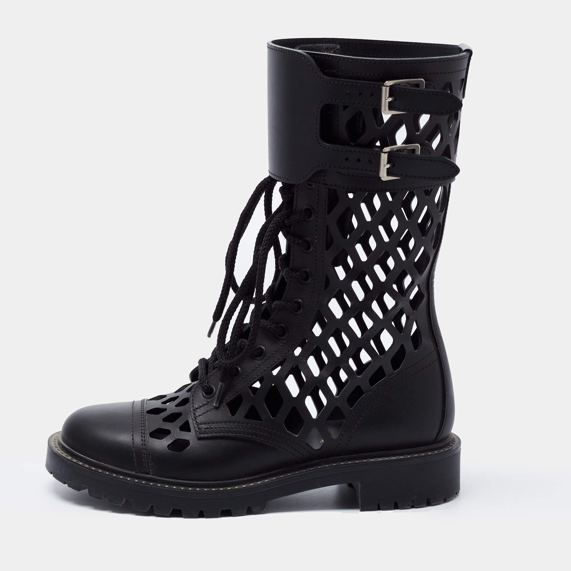 Dior Black Leather Lasercut Accent Combat Boots Size 37