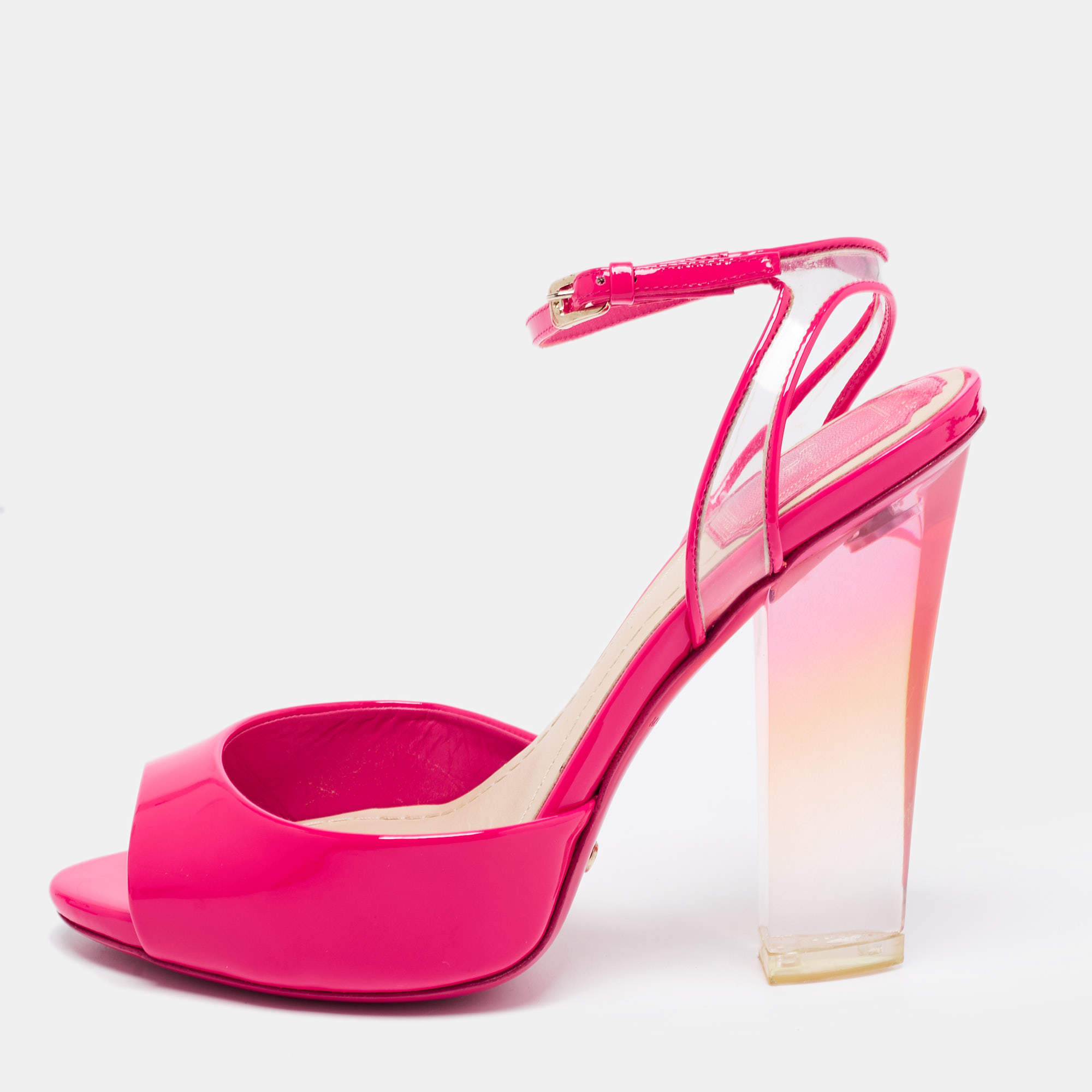 Dior Pink Patent Leather and PVC Clear Block Heels Ankle-Strap Sandals ...