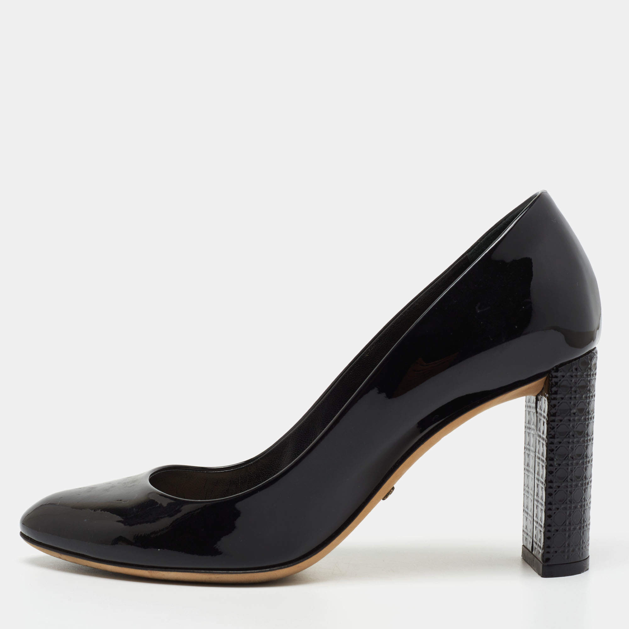 Dior Black Patent Leather Micro Cannage Heel Pumps Size 37