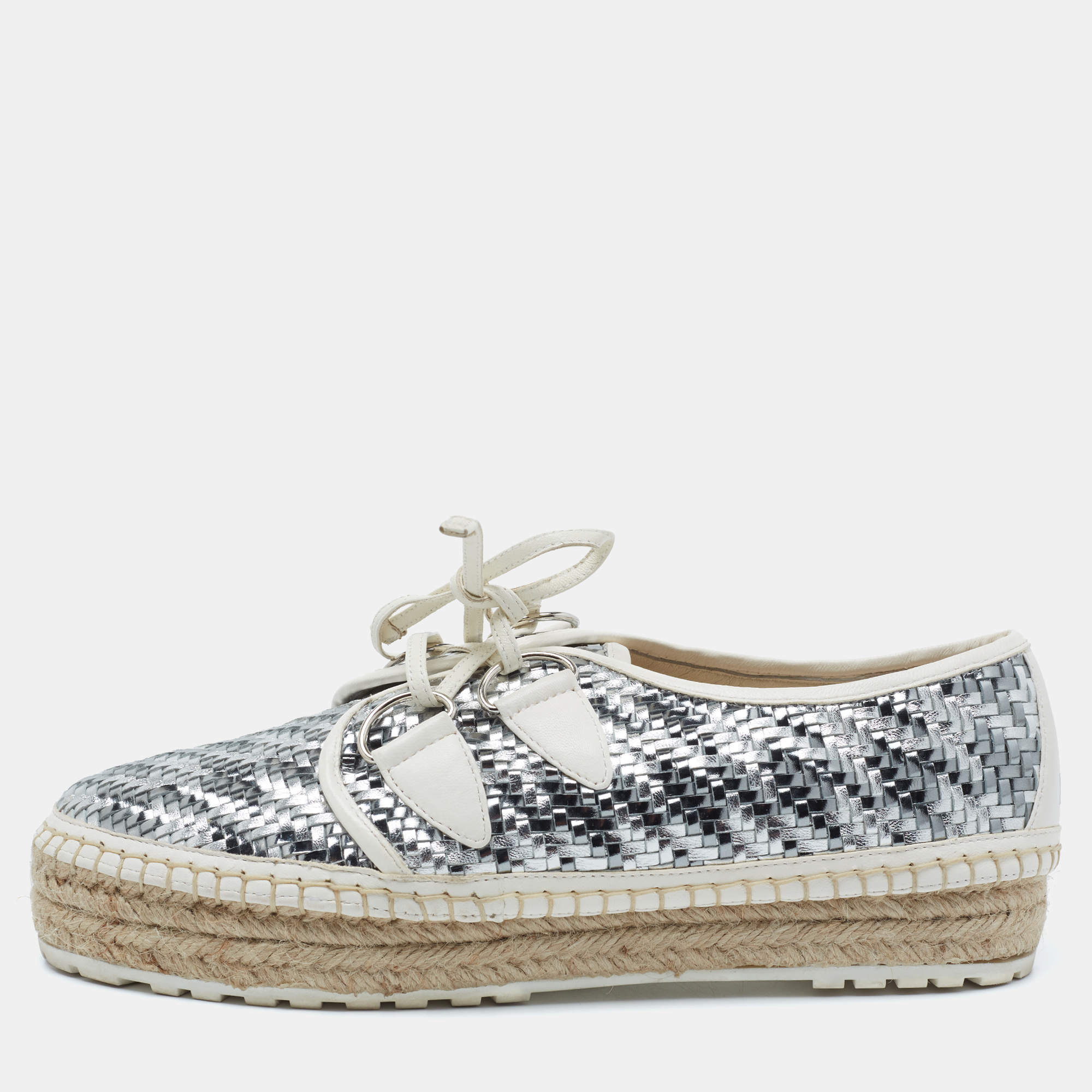 Pre Owned Dior Metallic Silver Woven Leather Espadrilles Size 40