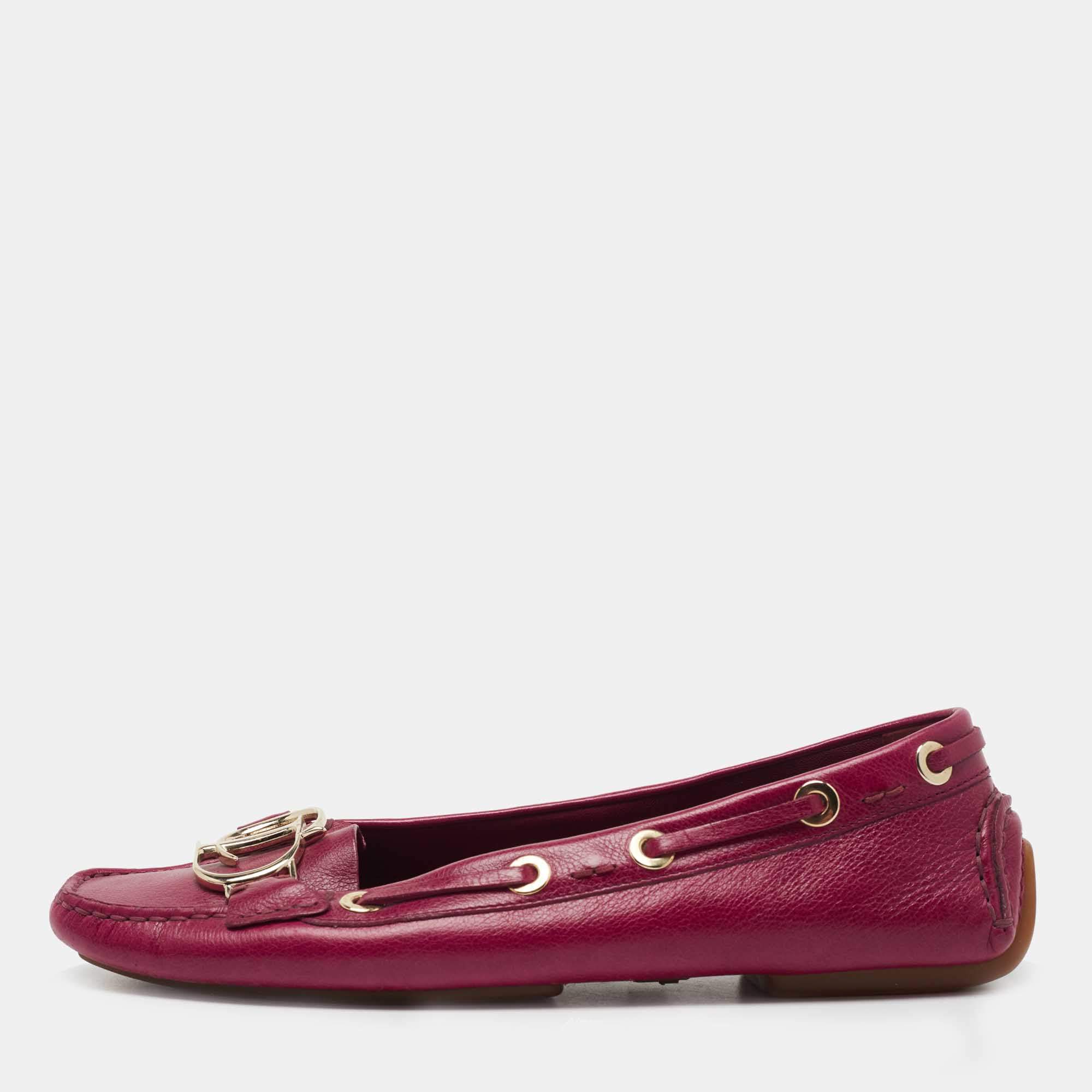 Pre Owned Dior Magenta Leather CD Logo Loafers Size 38