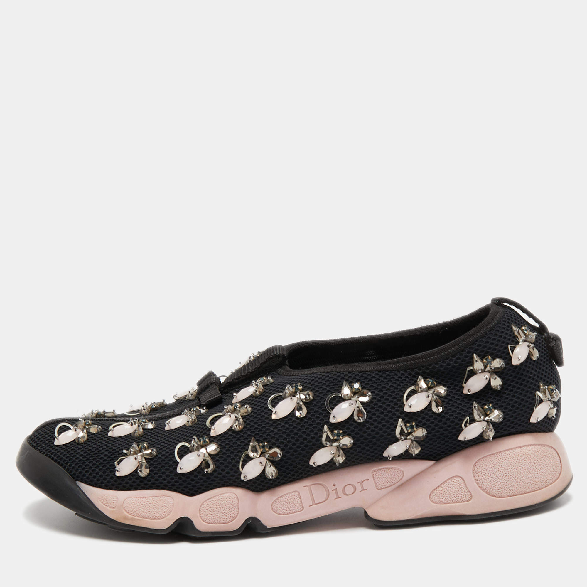 Pre Owned Dior Black/Pink Crystal Embellished Mesh Fusion Sneakers Size 39.5