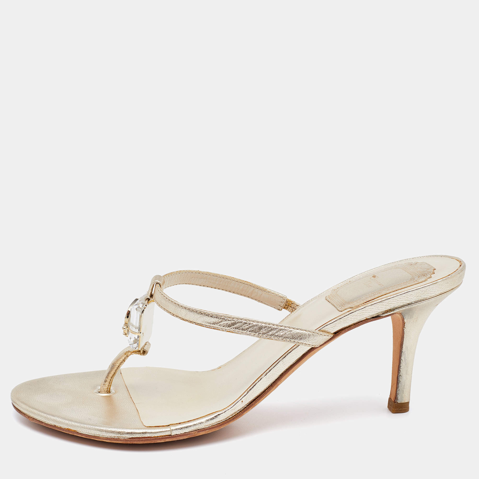 Dior Metallic Leather Logo Crystal Embellished Thong Sandals Size 37