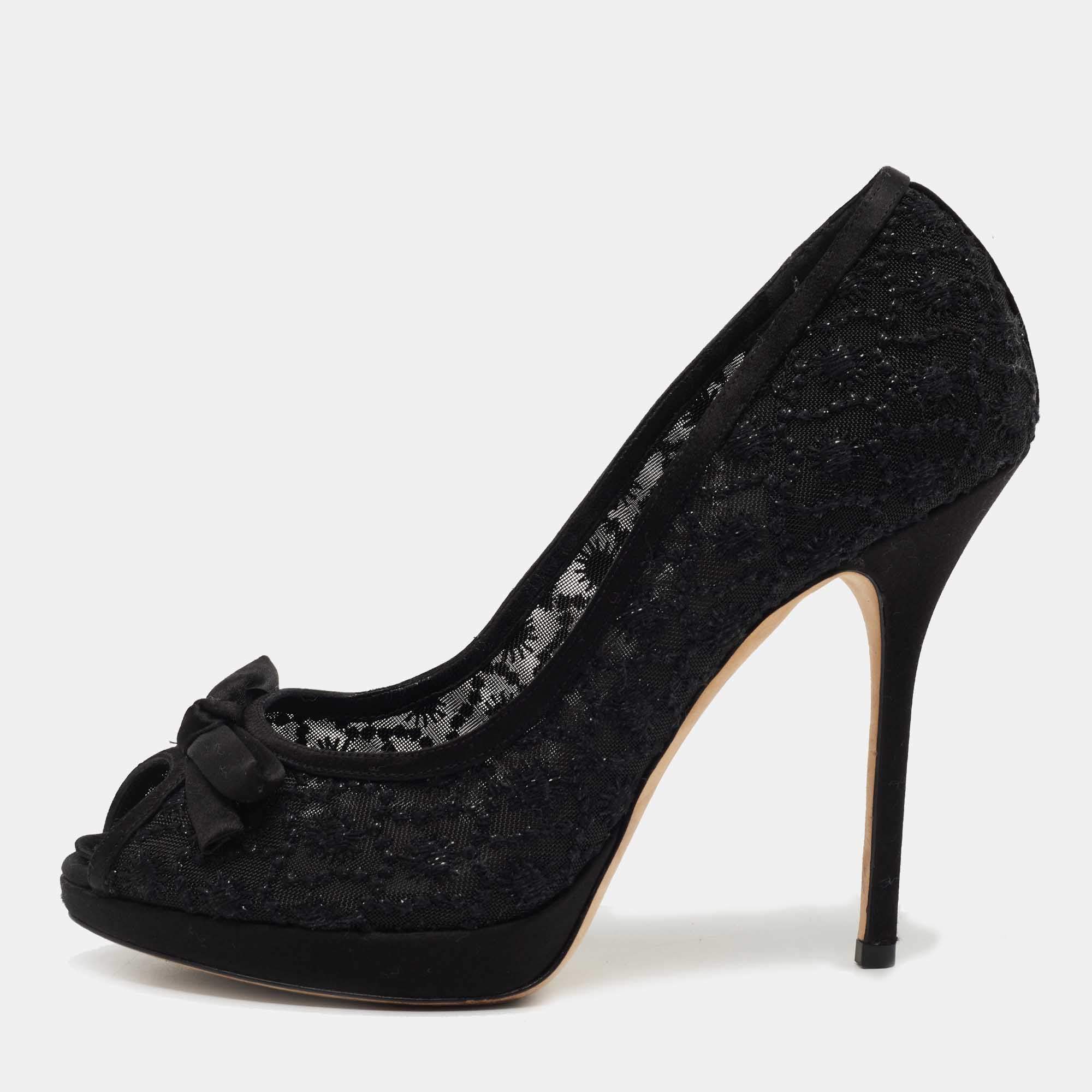 Pre Owned Dior Black Satin And Mesh Bow Peep Toe Pumps Size 39