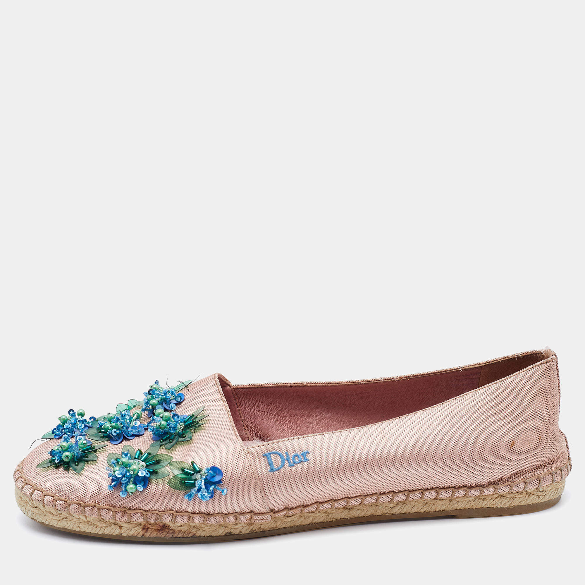 Pre Owned Dior Light Pink Canvas Flower Embellished Espadrille Flats Size 39
