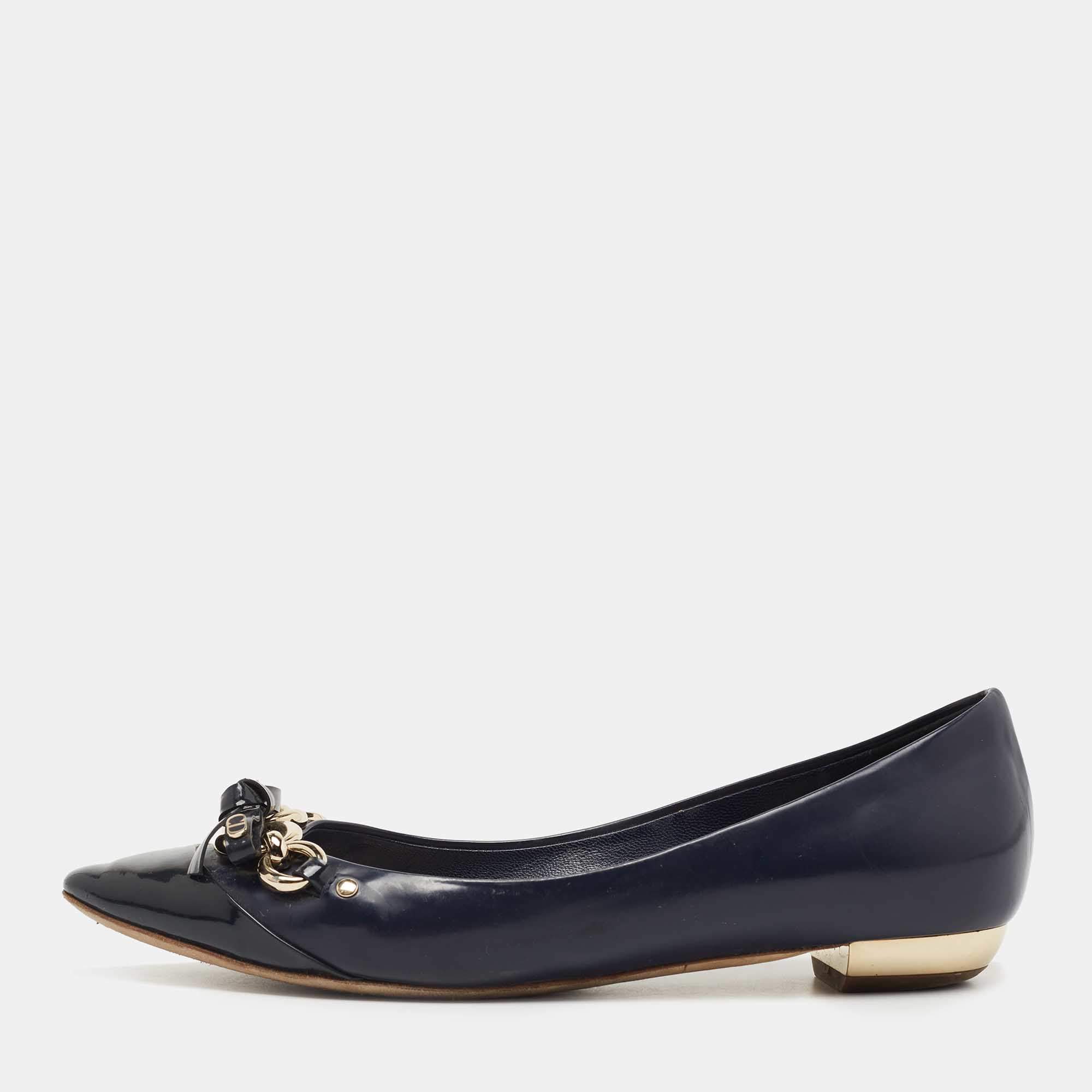 Pre Owned Dior Two Tone Patent and Leather Chain Detail Bow Ballet Flats Size 38
