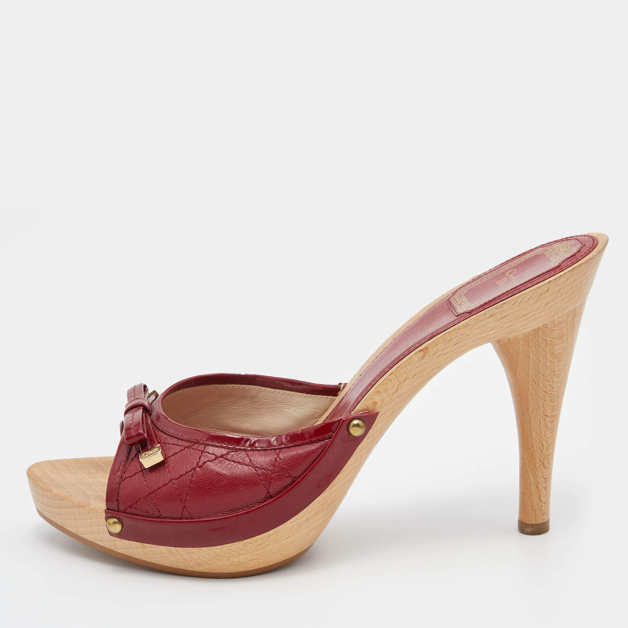 Dior Red Cannage Leather Wooden Platform Bow Clog Slide Sandals Size 39