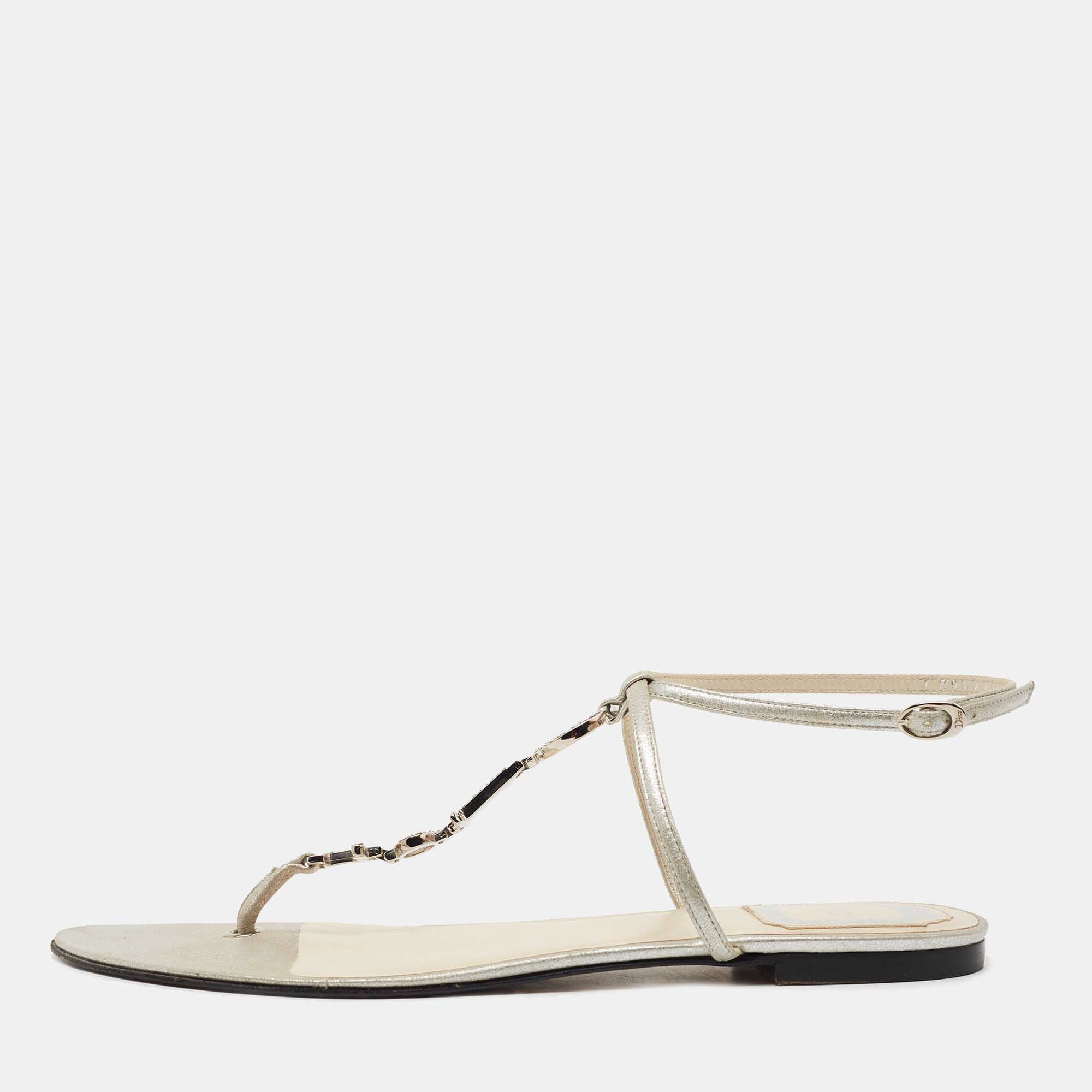Dior Silver Leather Crystal Embellished Logo Thong Ankle Strap Flat Sandals Size 40.5