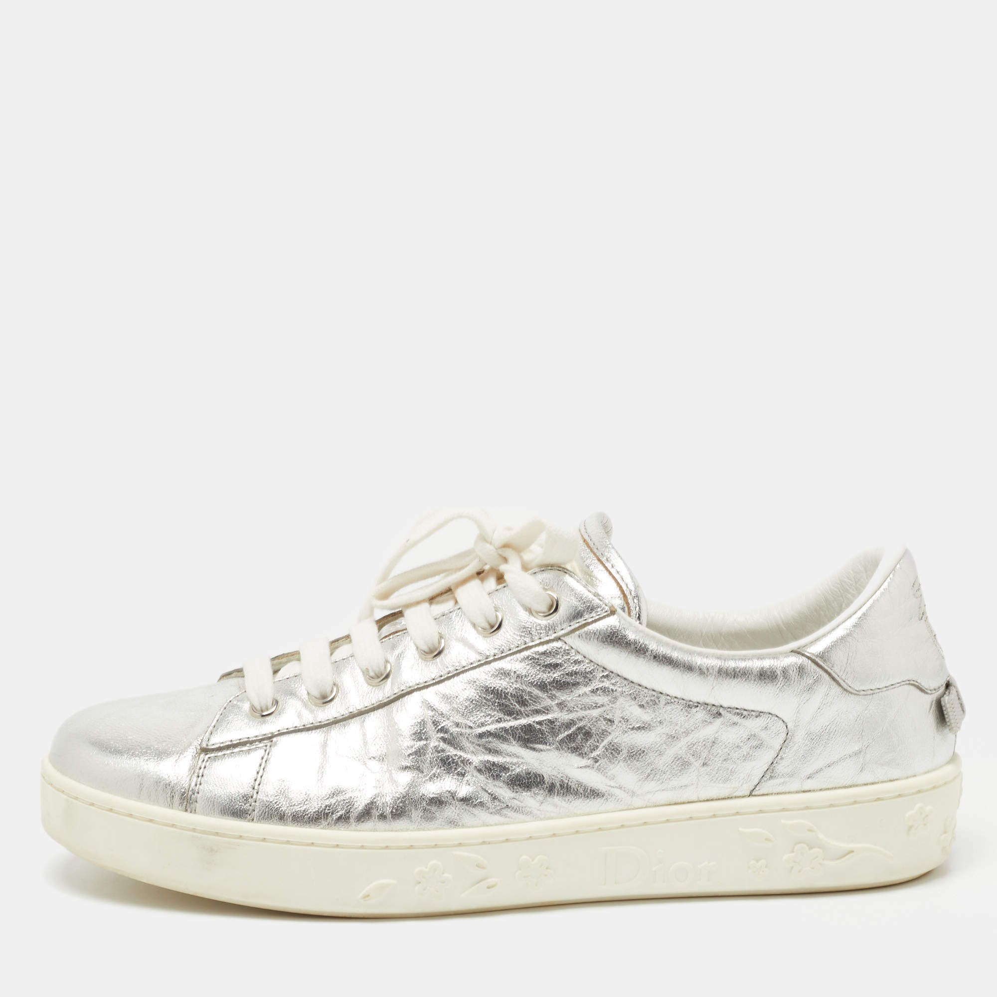 Pre Owned Dior Silver Crinkled Leather Low Top Sneakers Size 39.5 
