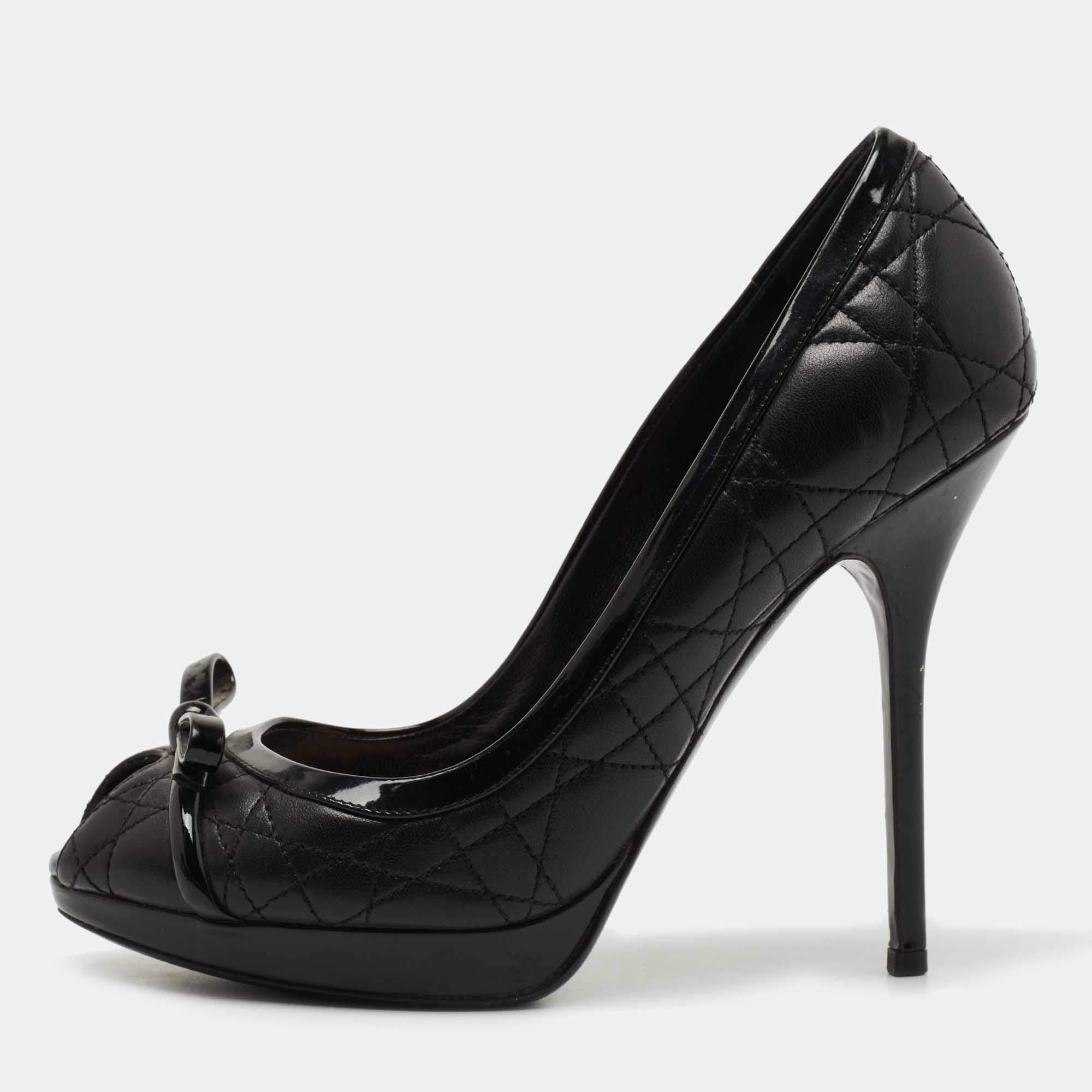 Pre Owned Dior Black Cannage Leather Bow Peep Toe Platform Pumps Size 38