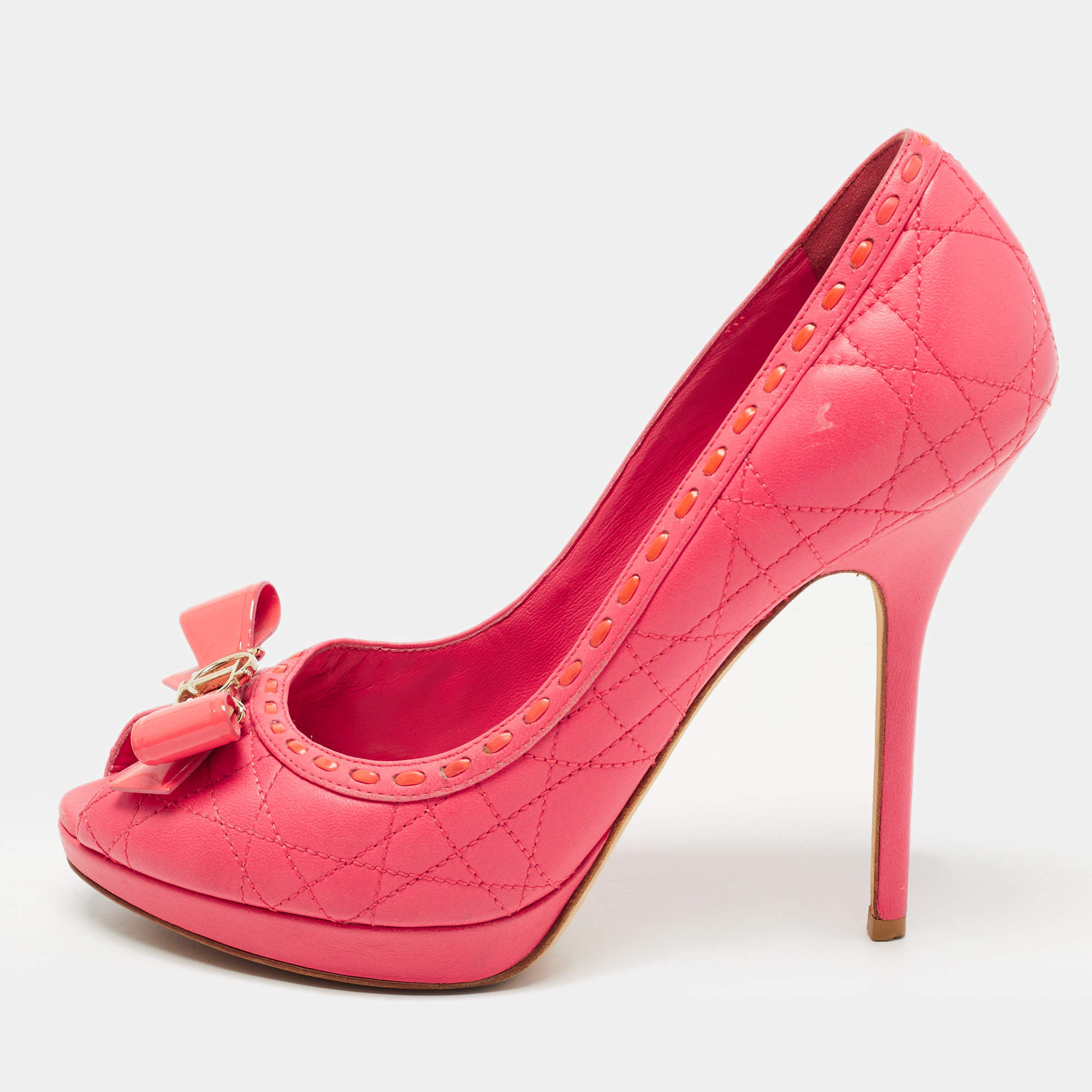 Pre Owned Dior Pink Cannage Leather Peep Toe Bow Pumps Size 38.5
