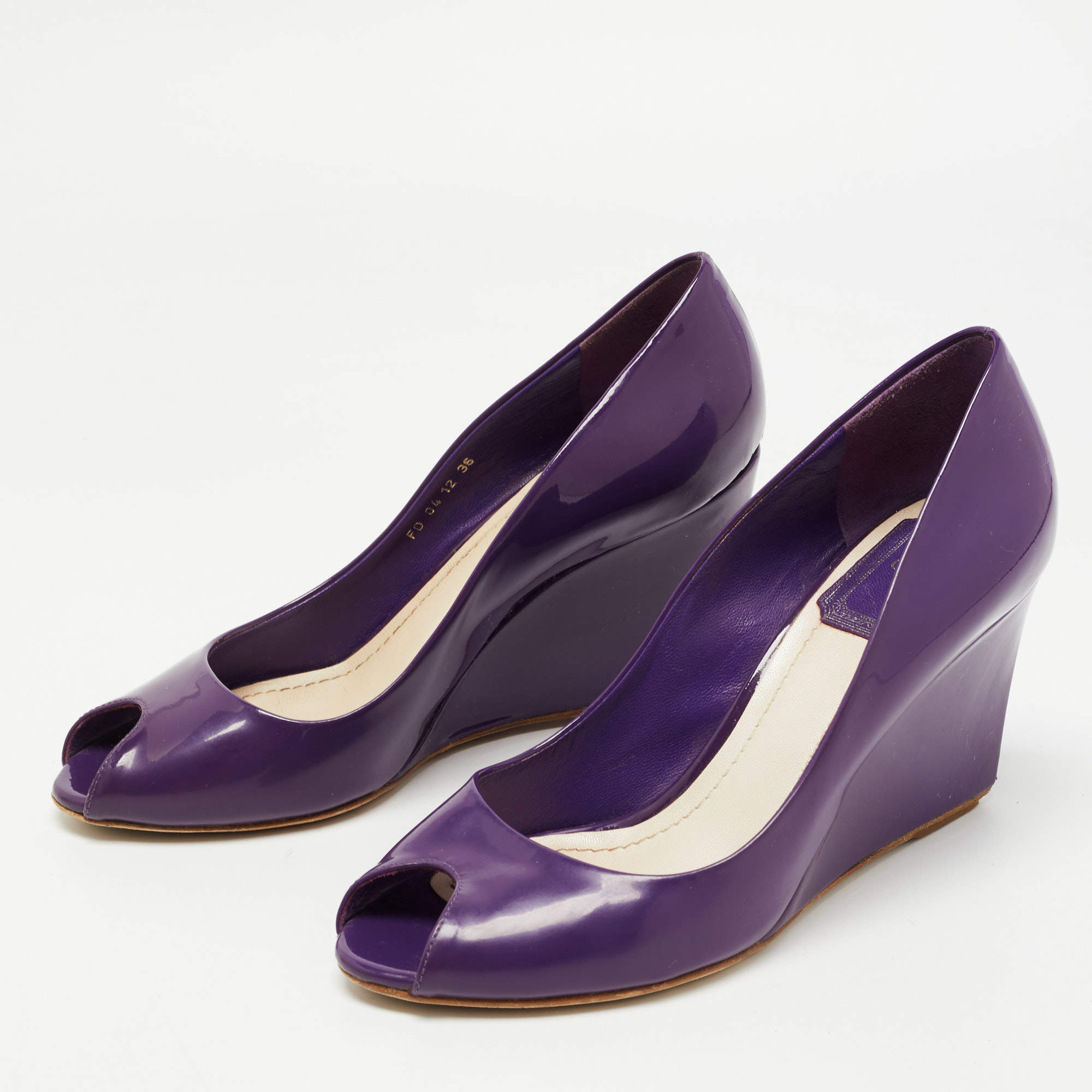 Dior Purple Patent Peep Toe Wedge Pumps Size 36