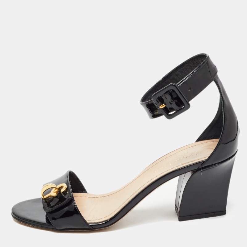 Dior Black Patent Leather C'est Ankle Strap Block Heel Sandals Size 37