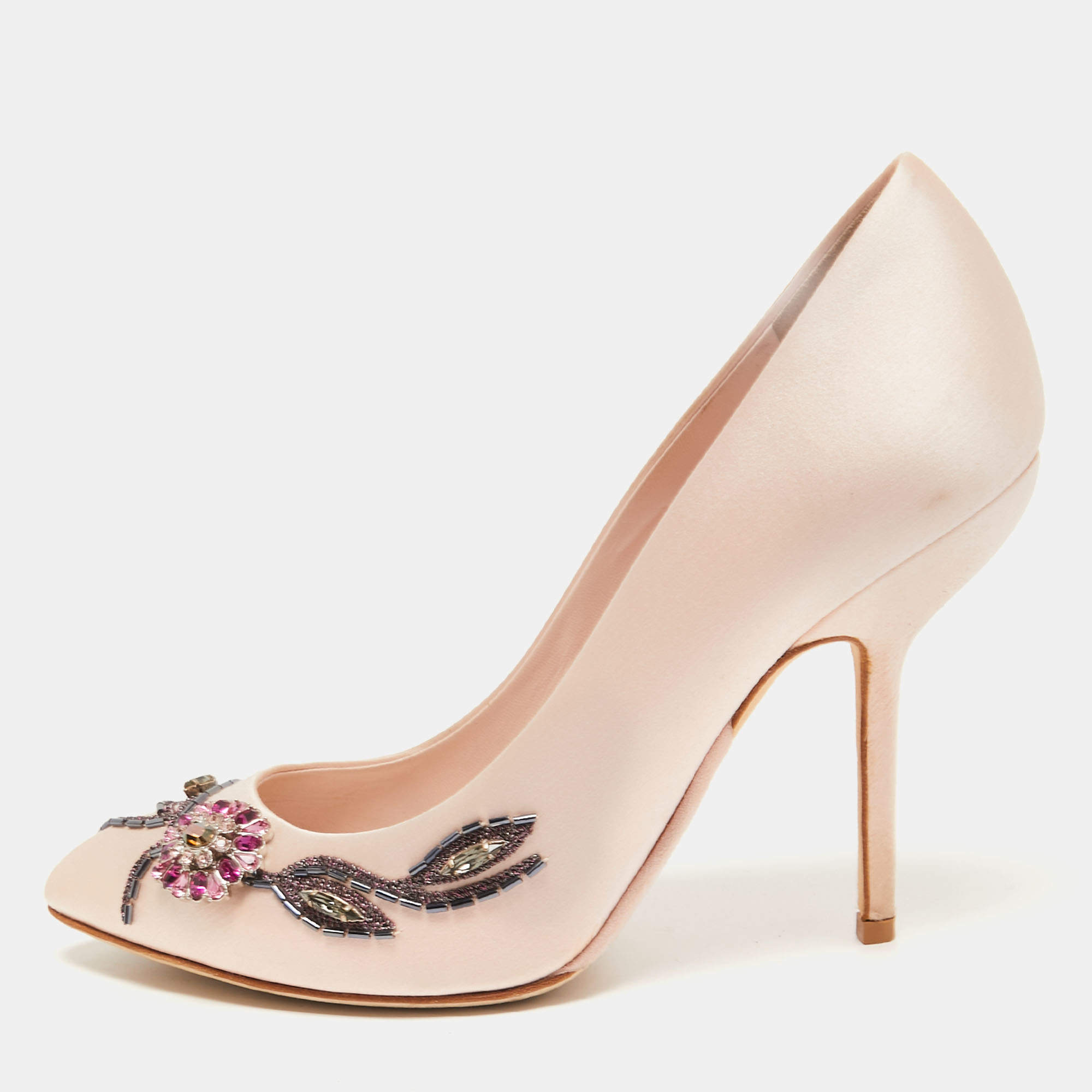 Pre Owned Dior Light Pink Satin Crystal Embellished Flower Pumps Size 39