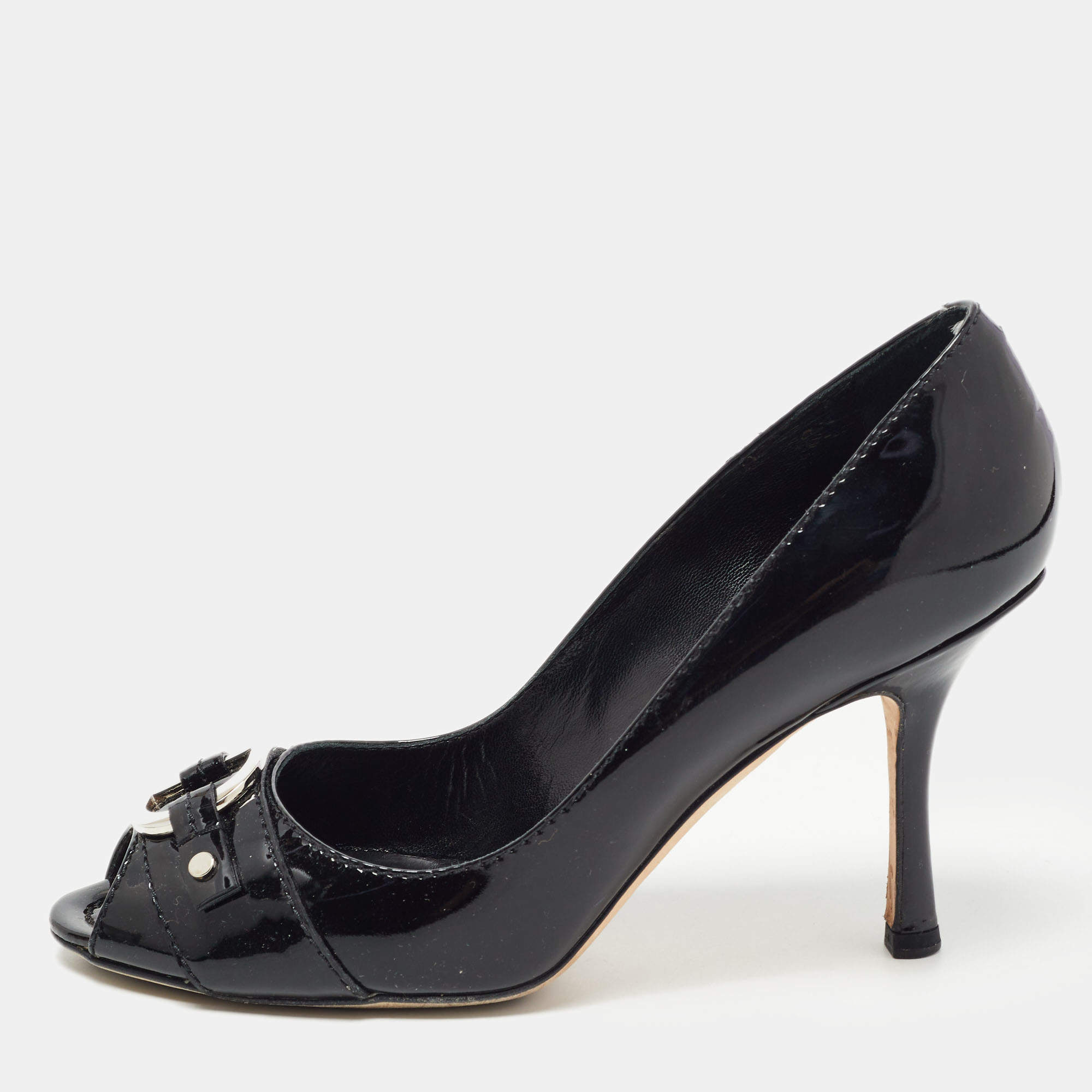 Dior Black Patent Leather CD Logo Peep Toe Pumps Size 37.5