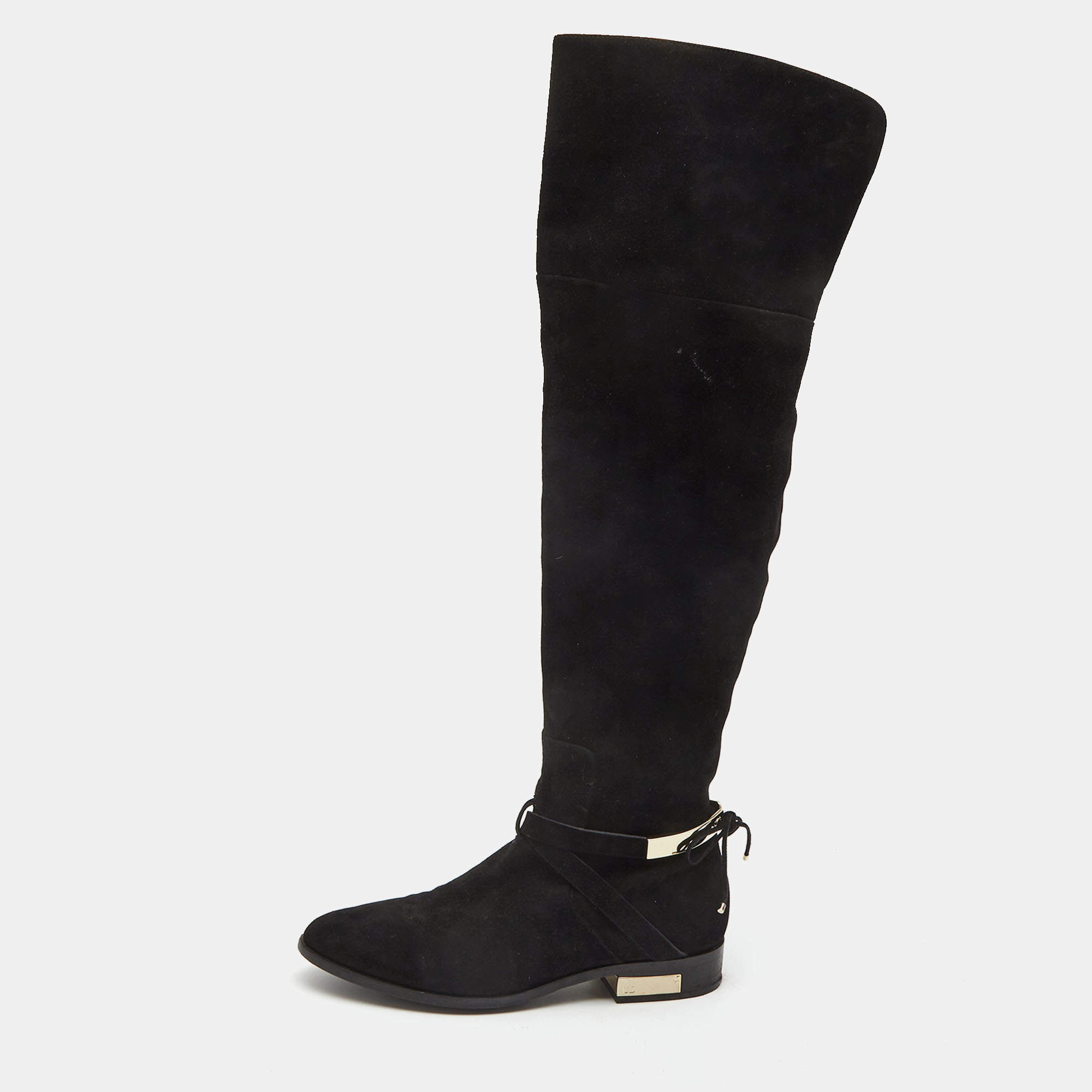 Pre Owned Dior Black Suede Buckle Knee Length Boots Size 37