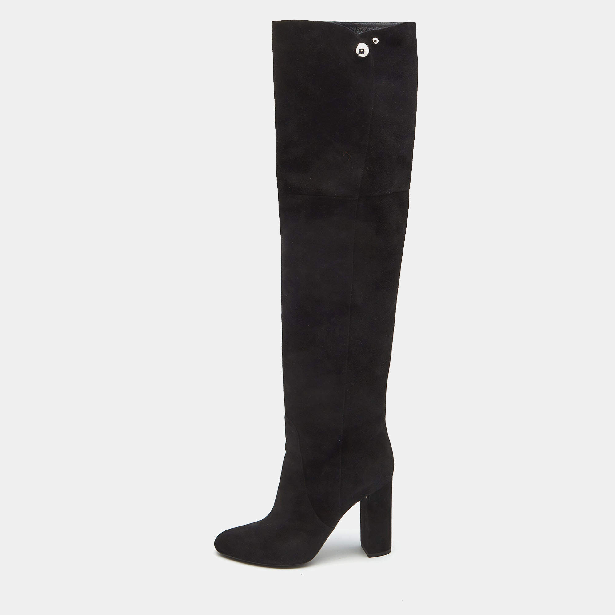 Dior Black  Suede Block Heel Knee Length Boots Size 38